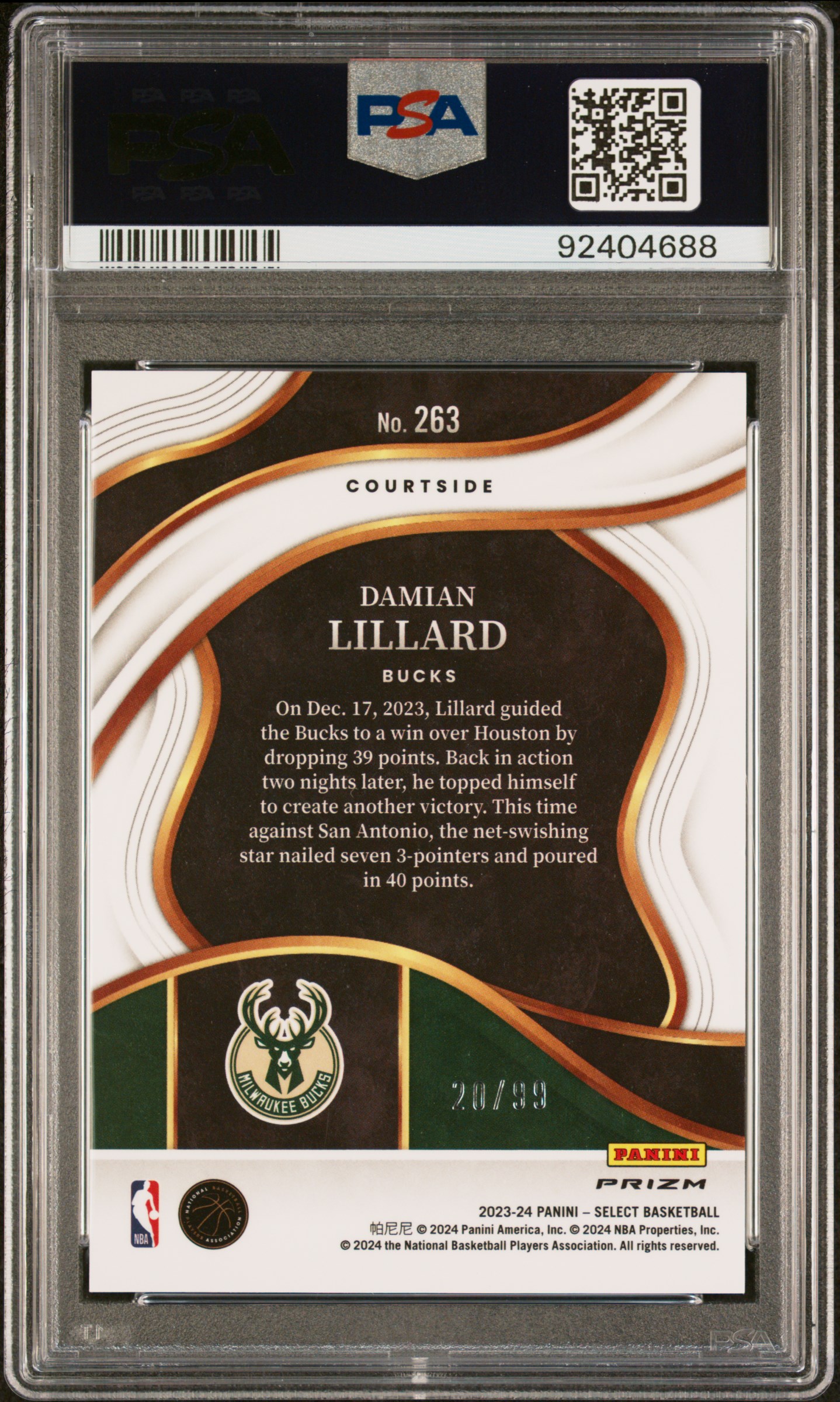 2023 Panini Select Damian Lillard #263 (Pink Cracked Ice) Gem Mt 10 back