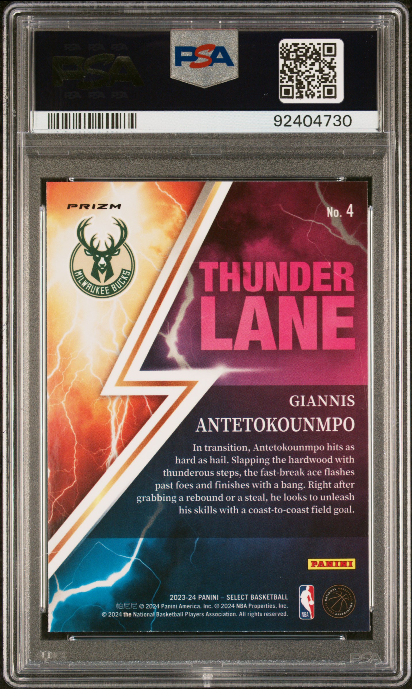 2023 Panini Select Thunder Lane Giannis Antetokounmpo #4 (Thunder Lane-Green Prizm) Gem Mt 10 back