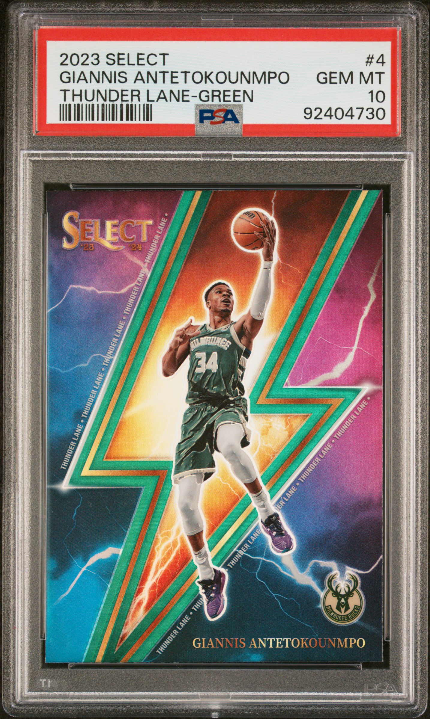 2023 Panini Select Thunder Lane Giannis Antetokounmpo #4 (Thunder Lane-Green Prizm) Gem Mt 10 front