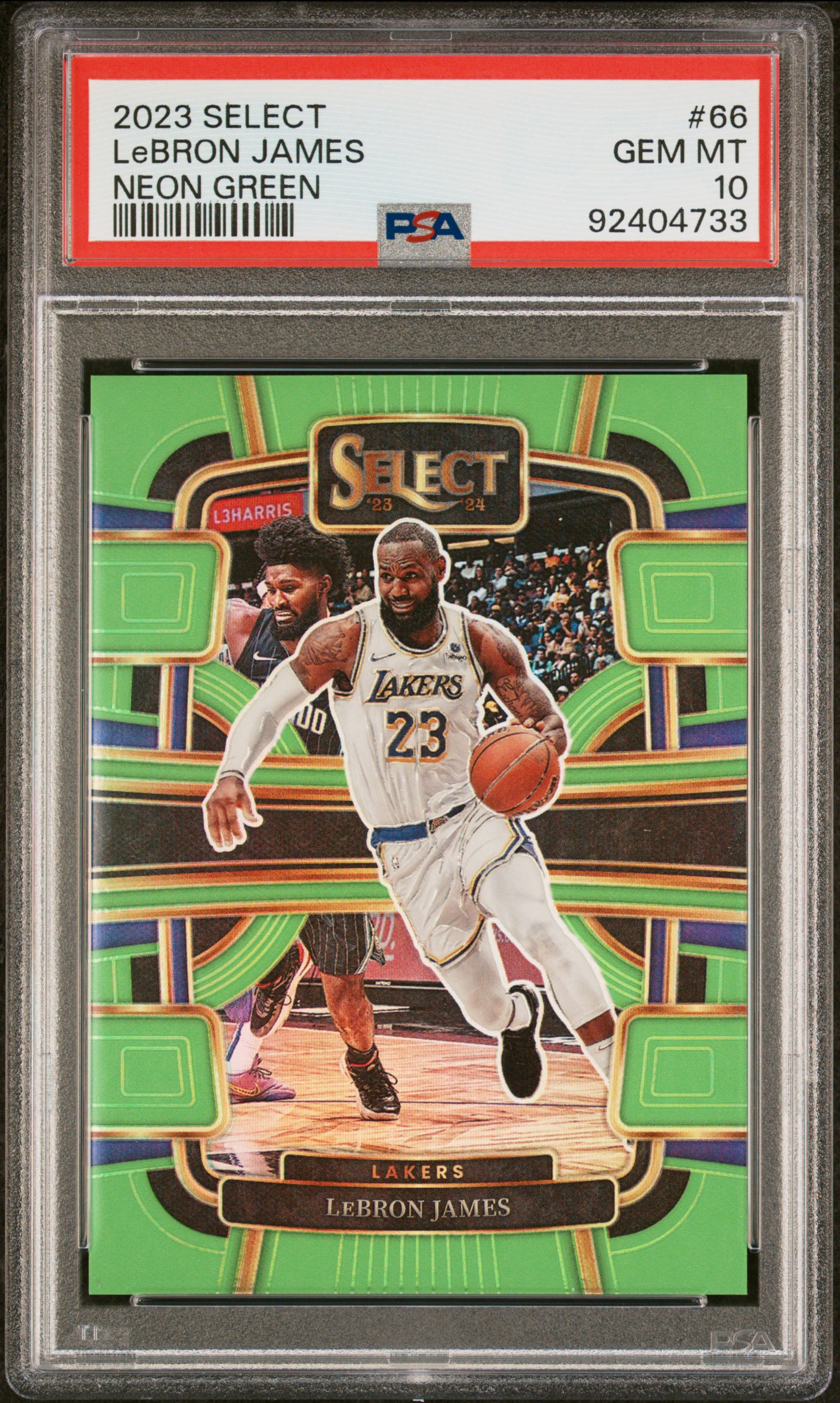 2023 Panini Select Lebron James #66 (Neon Green Prizm) Gem Mt 10 front