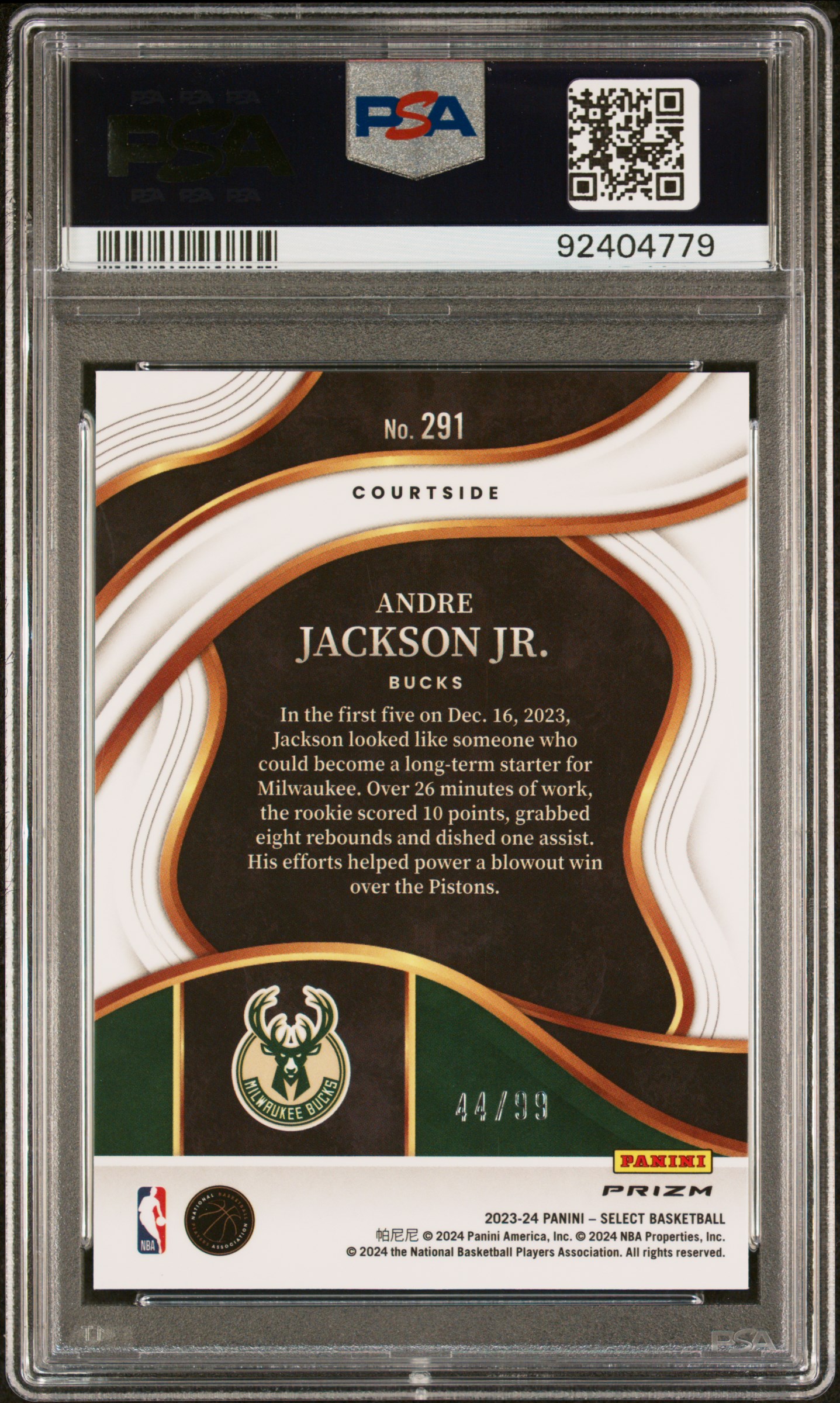 2023 Panini Select Andre Jackson Jr. #291 (Purple Cracked Ice) Gem Mt 10 back