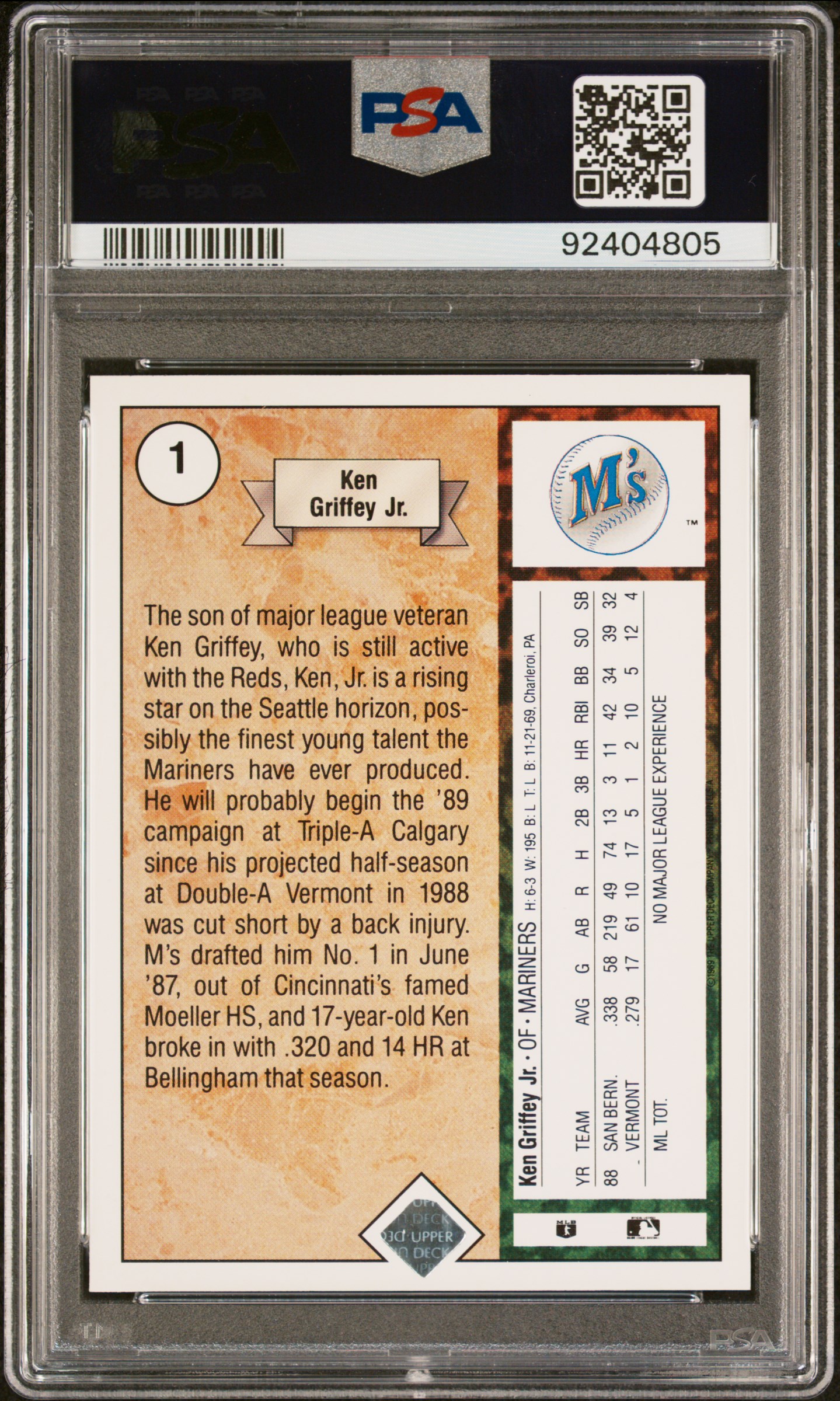 1989 Upper Deck Ken Griffey Jr. #1 (Star Rookie) Ex 5 back