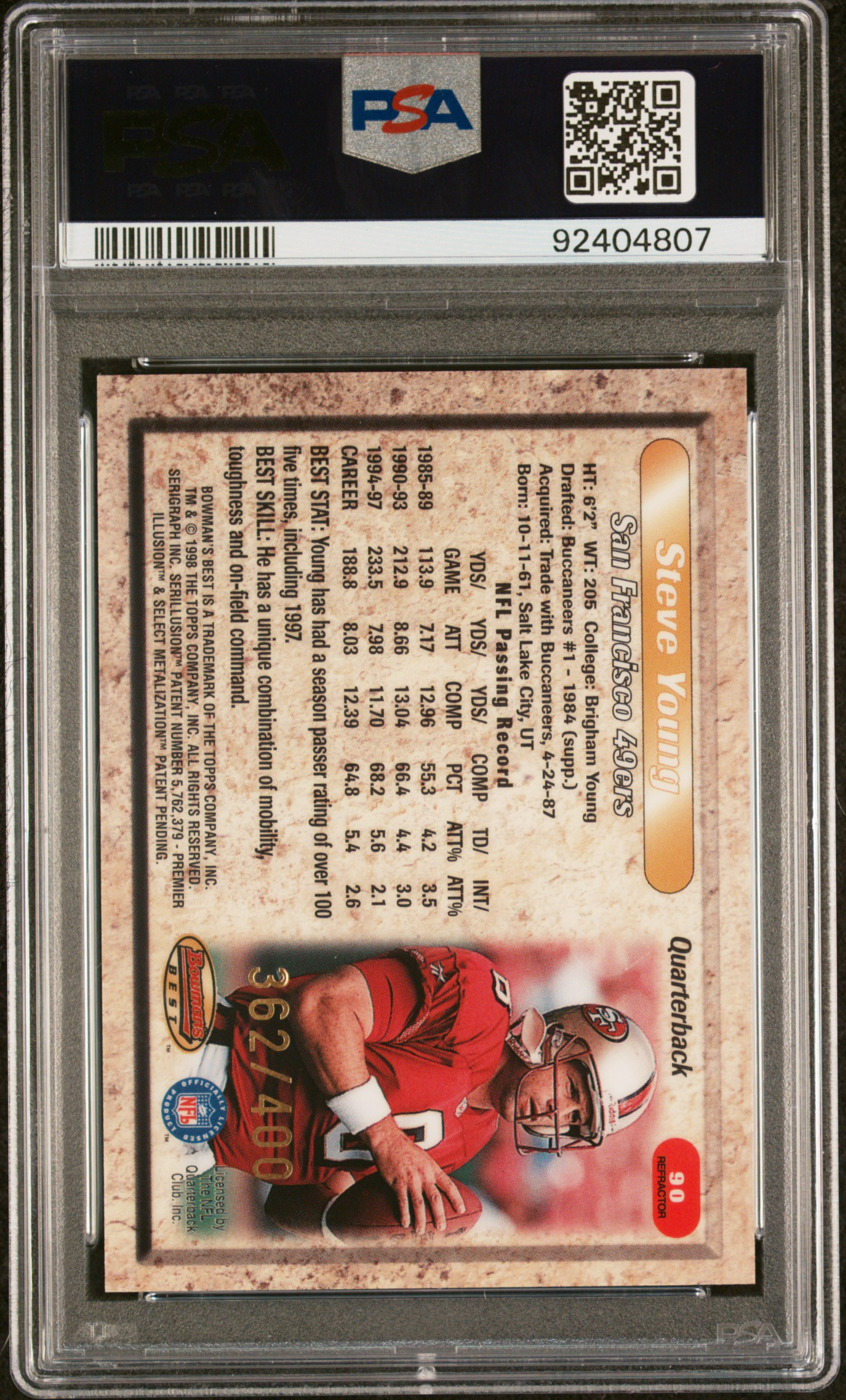 1998 Bowman's Best Steve Young #90 (Refractor) Mint 9 back