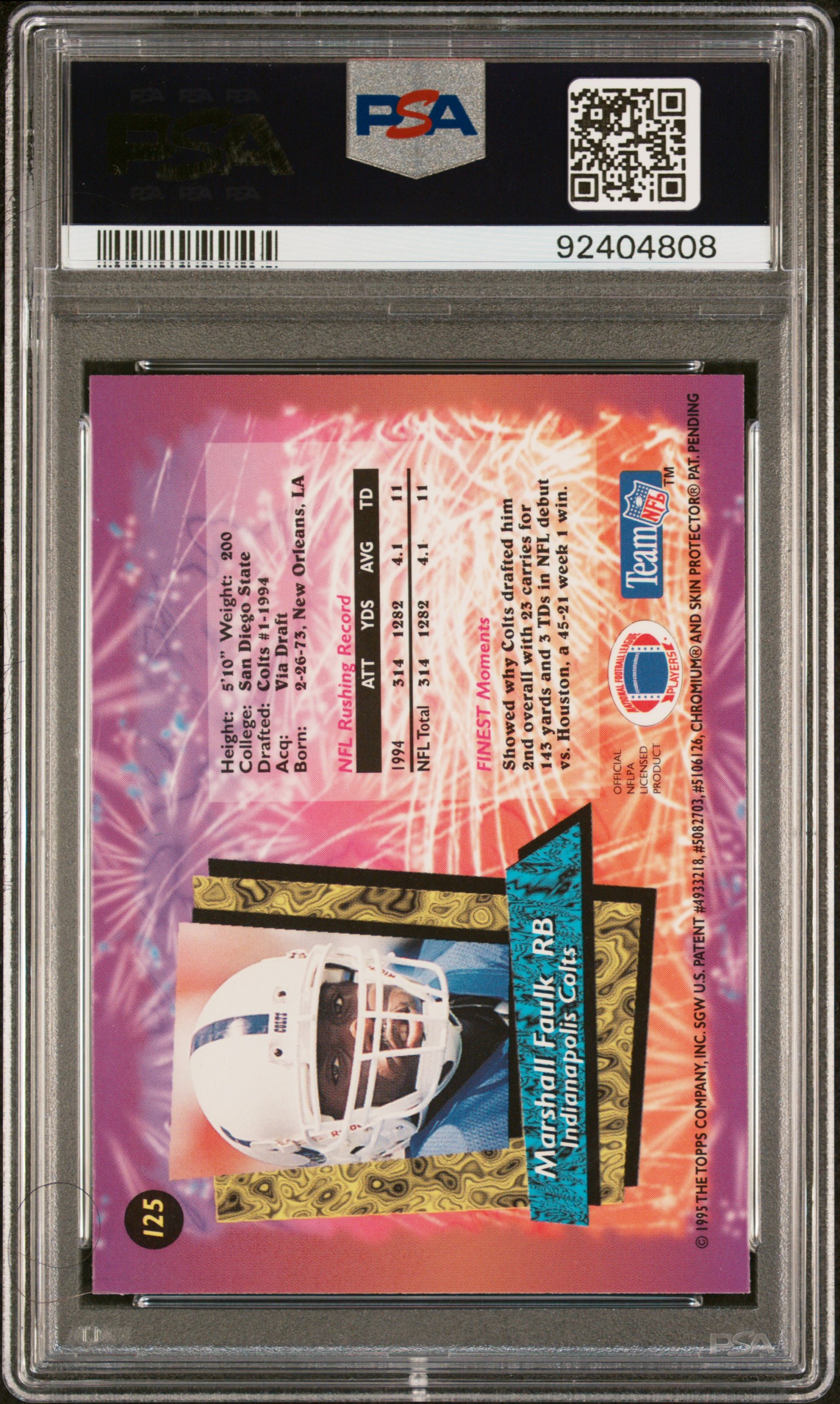 1995 Finest Marshall Faulk #125 (W/Coating) Nm-Mt 8 back