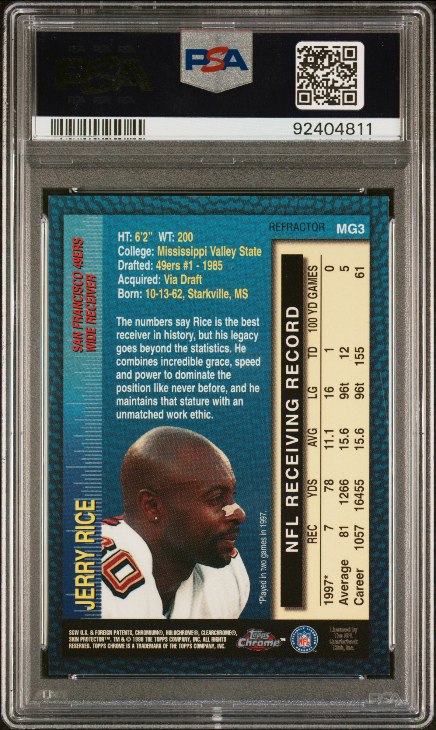 1998 Topps Chrome Measures Of Greatness Jerry Rice #Mg3 (Measures Greatness-Ref.) Mint 9 back