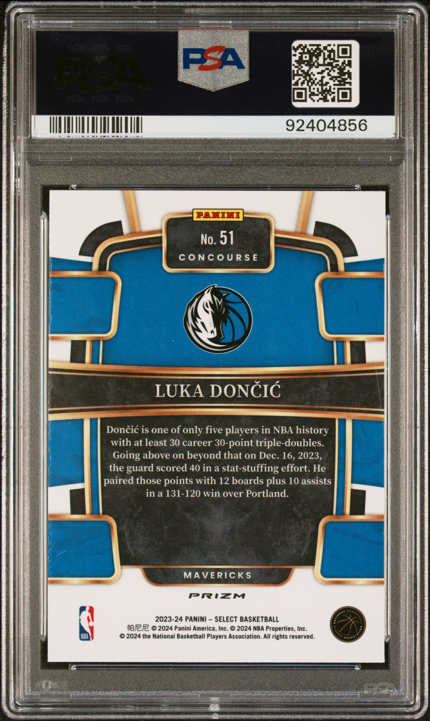 2023 Panini Select Luka Doncic #51 (Blue Cracked Ice) Gem Mt 10 back