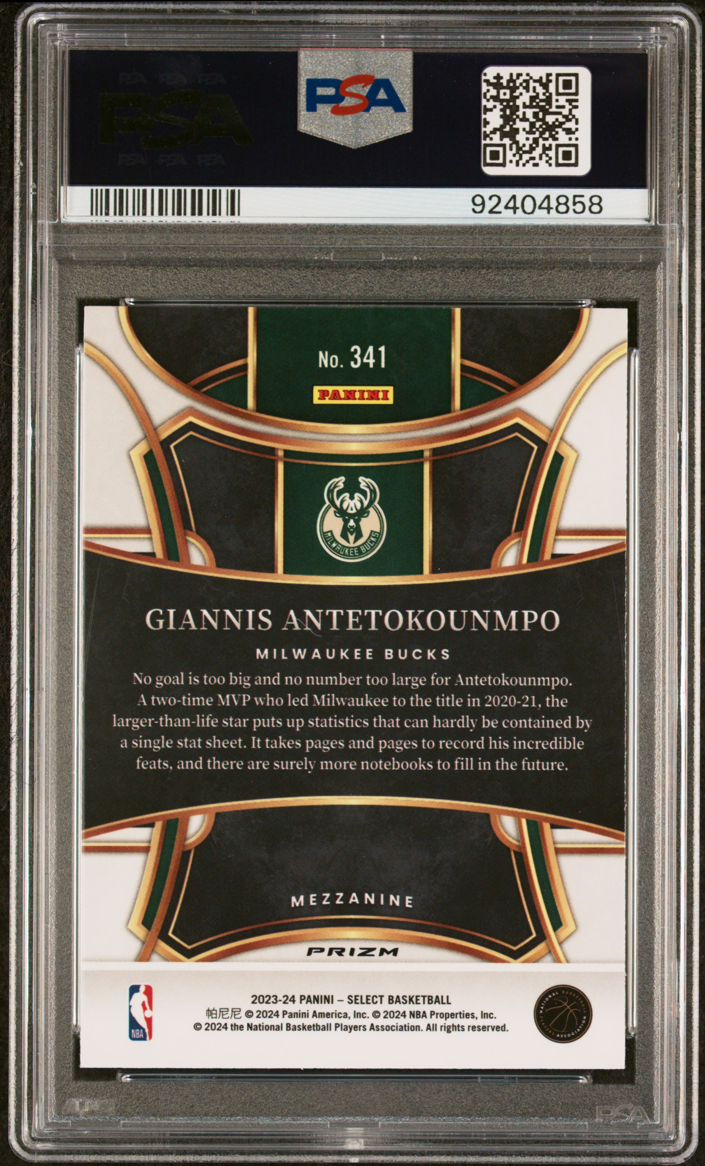 2023 Panini Select Giannis Antetokounmpo #341 (Silver Prizm) Gem Mt 10 back