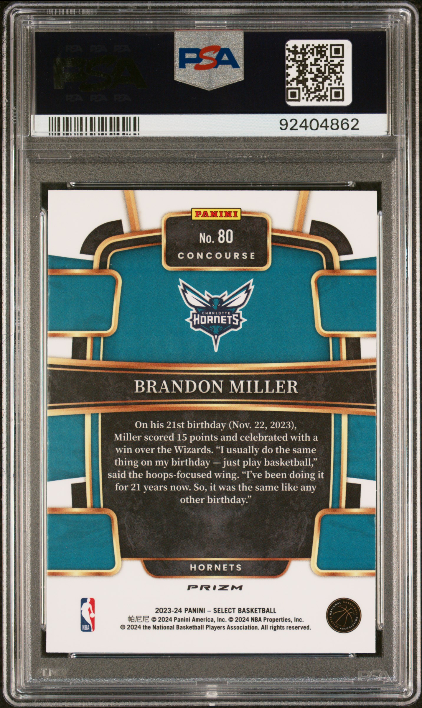2023 Panini Select Brandon Miller #80 (Blue Prizm) Mint 9 back
