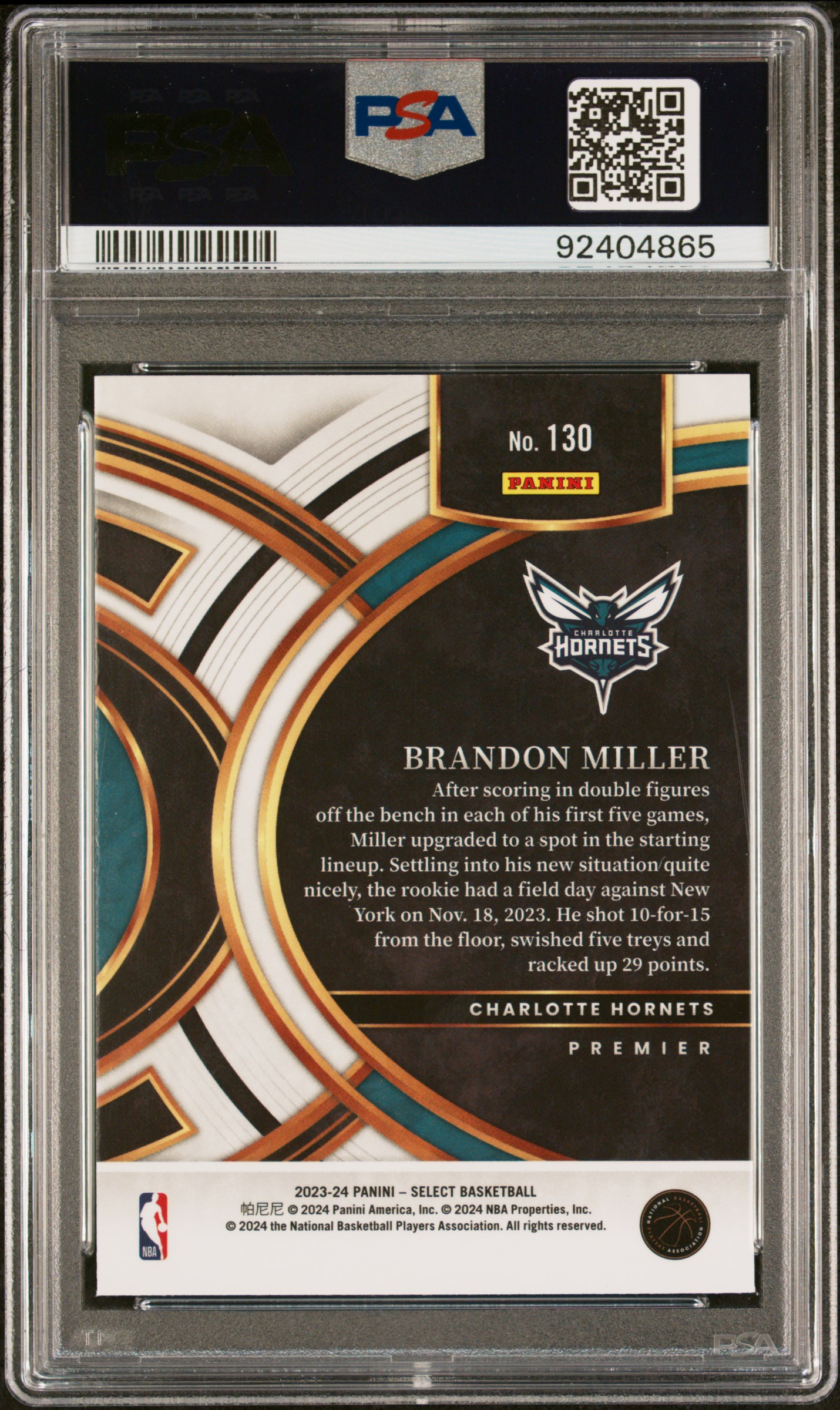 2023 Panini Select Brandon Miller #130 (Blue) Gem Mt 10 back
