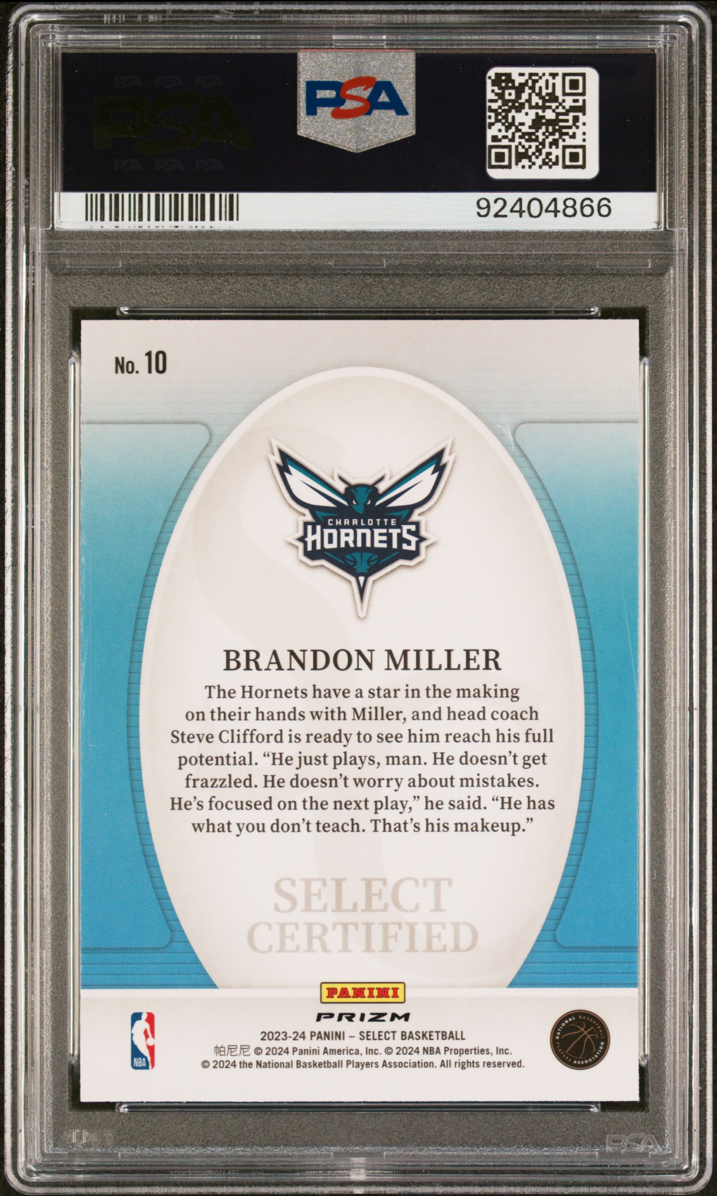 2023 Panini Select Select Certified Brandon Miller #10 (Certified-Green Prizm) Mint 9 back