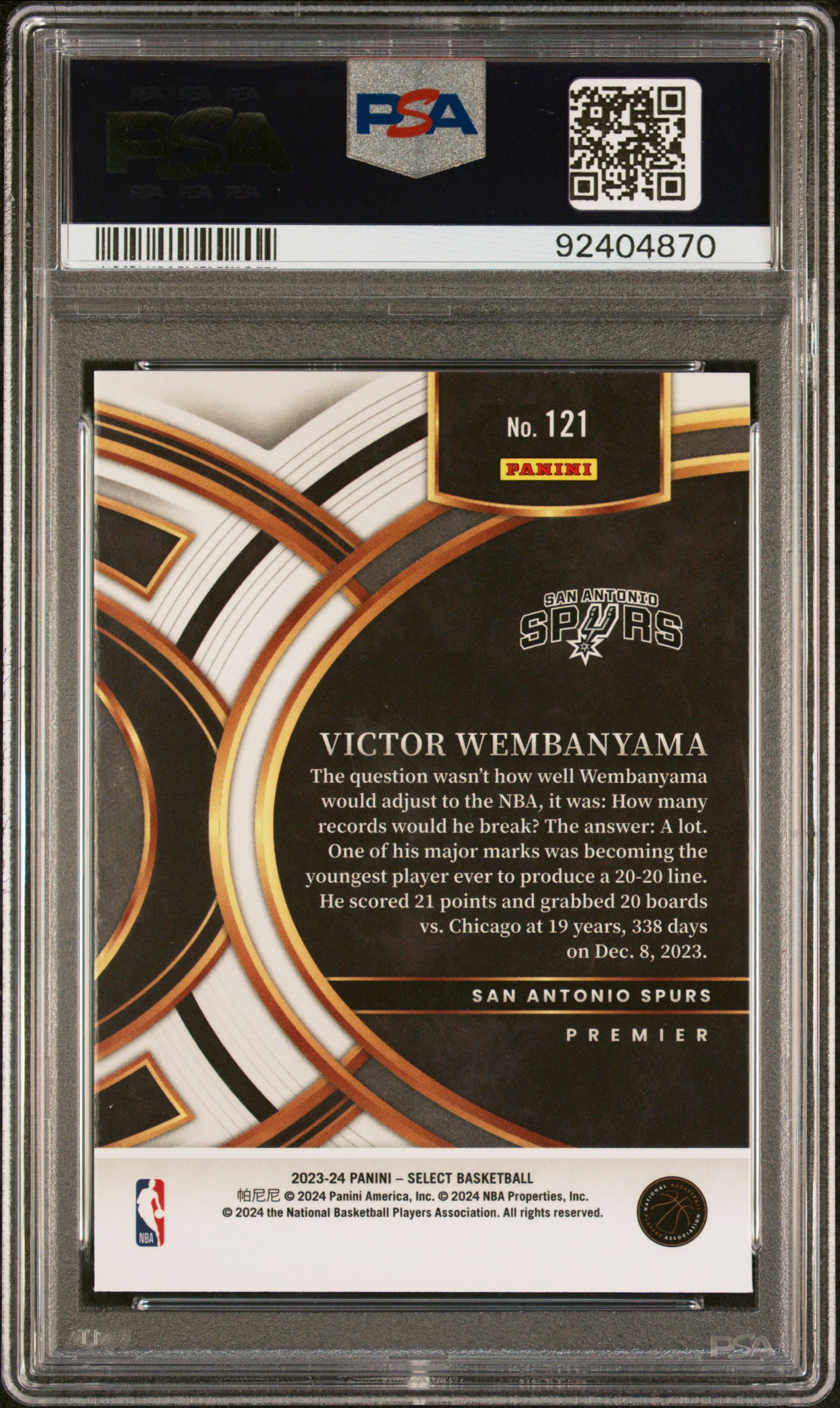 2023 Panini Select Victor Wembanyama #121 (Blue) Gem Mt 10 back