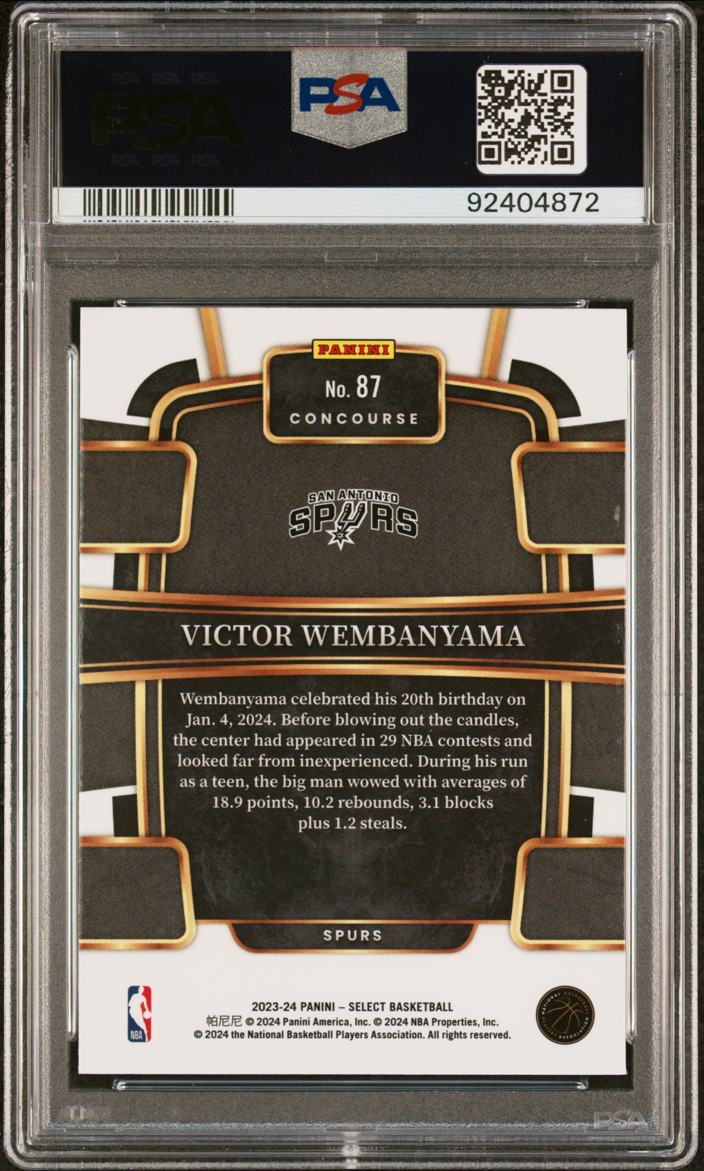 2023 Panini Select Victor Wembanyama #87 (Blue) Gem Mt 10 back