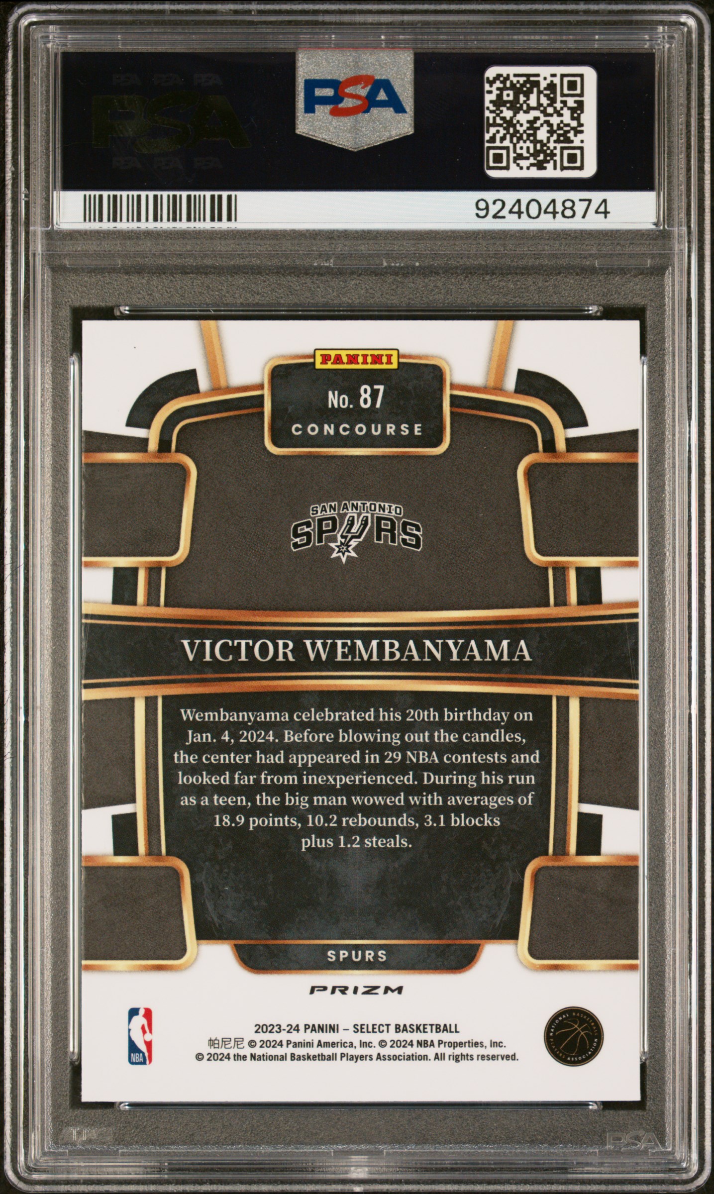 2023 Panini Select Victor Wembanyama #87 (Blue Cracked Ice) Gem Mt 10 back