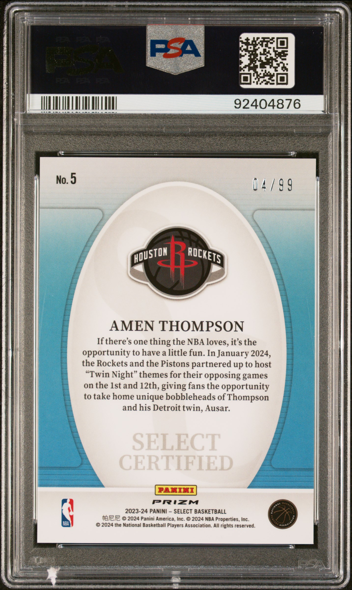 2023 Panini Select Select Certified Amen Thompson #5 (Certified-Pink Cracked Ice) Mint 9 back