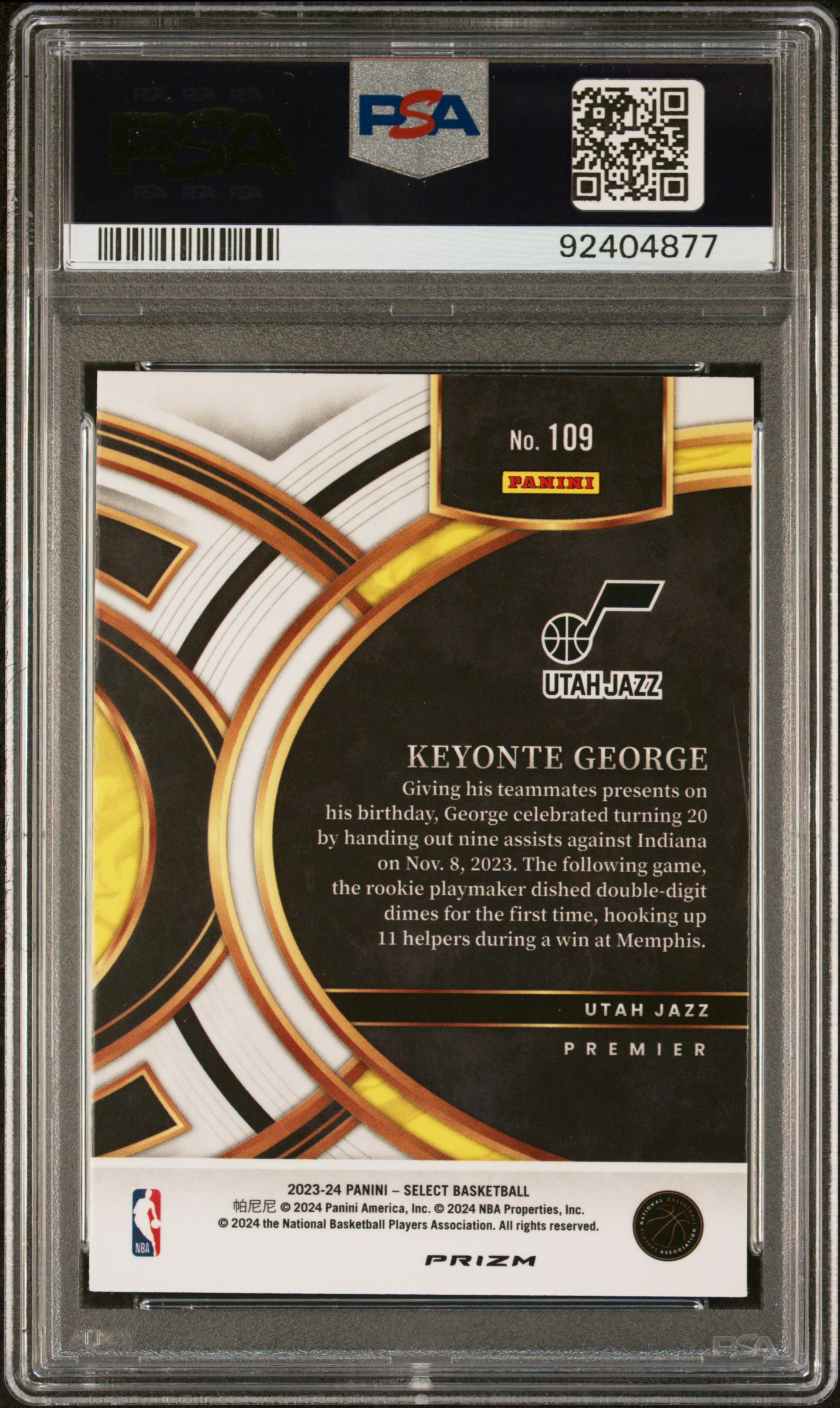 2023 Panini Select Keyonte George #109 (Green/White/Purple Prizm) Gem Mt 10 back