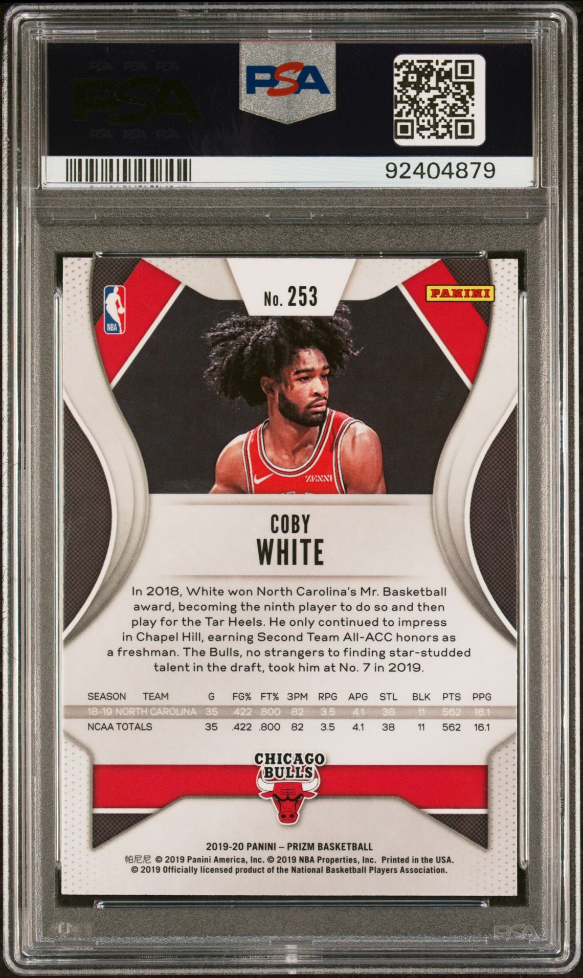 2019 Panini Prizm Coby White #253 Gem Mt 10 back