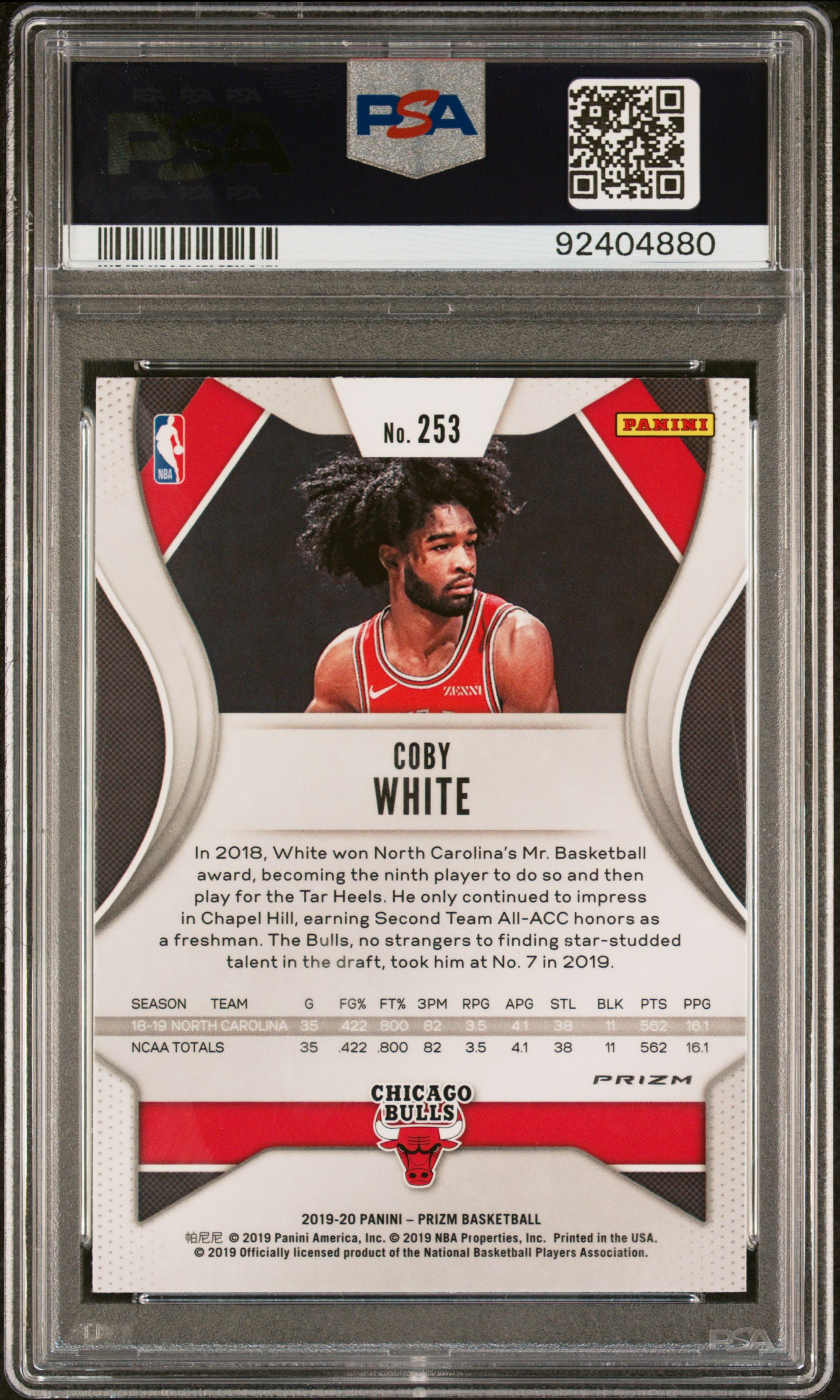 2019 Panini Prizm Coby White #253 (Silver Prizm) Gem Mt 10 back