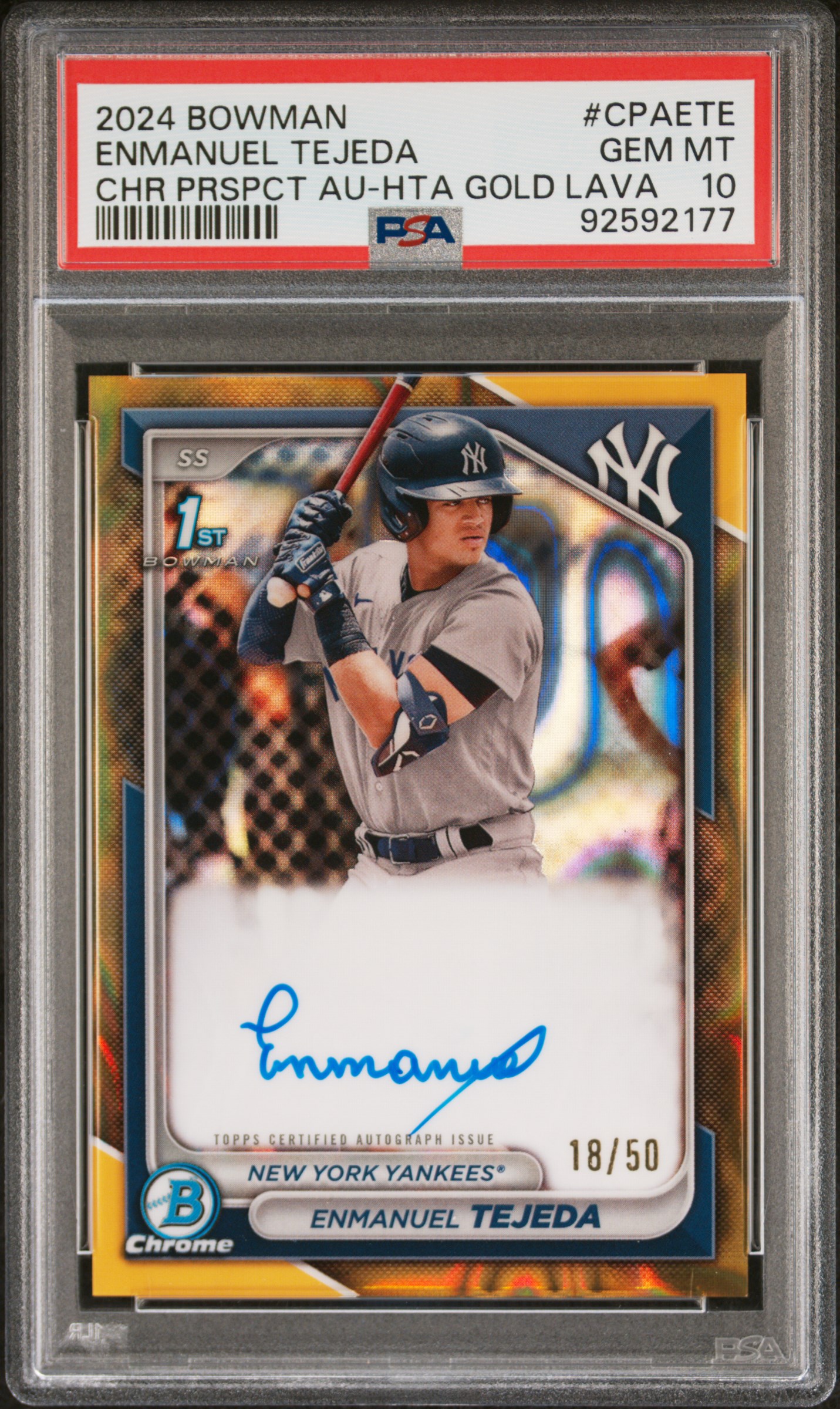 2024 Bowman Chrome Prospect Autographs Enmanuel Tejeda #Cpaete (Chr Prspct Au-Hta Gld Lava) Gem Mt 10 front