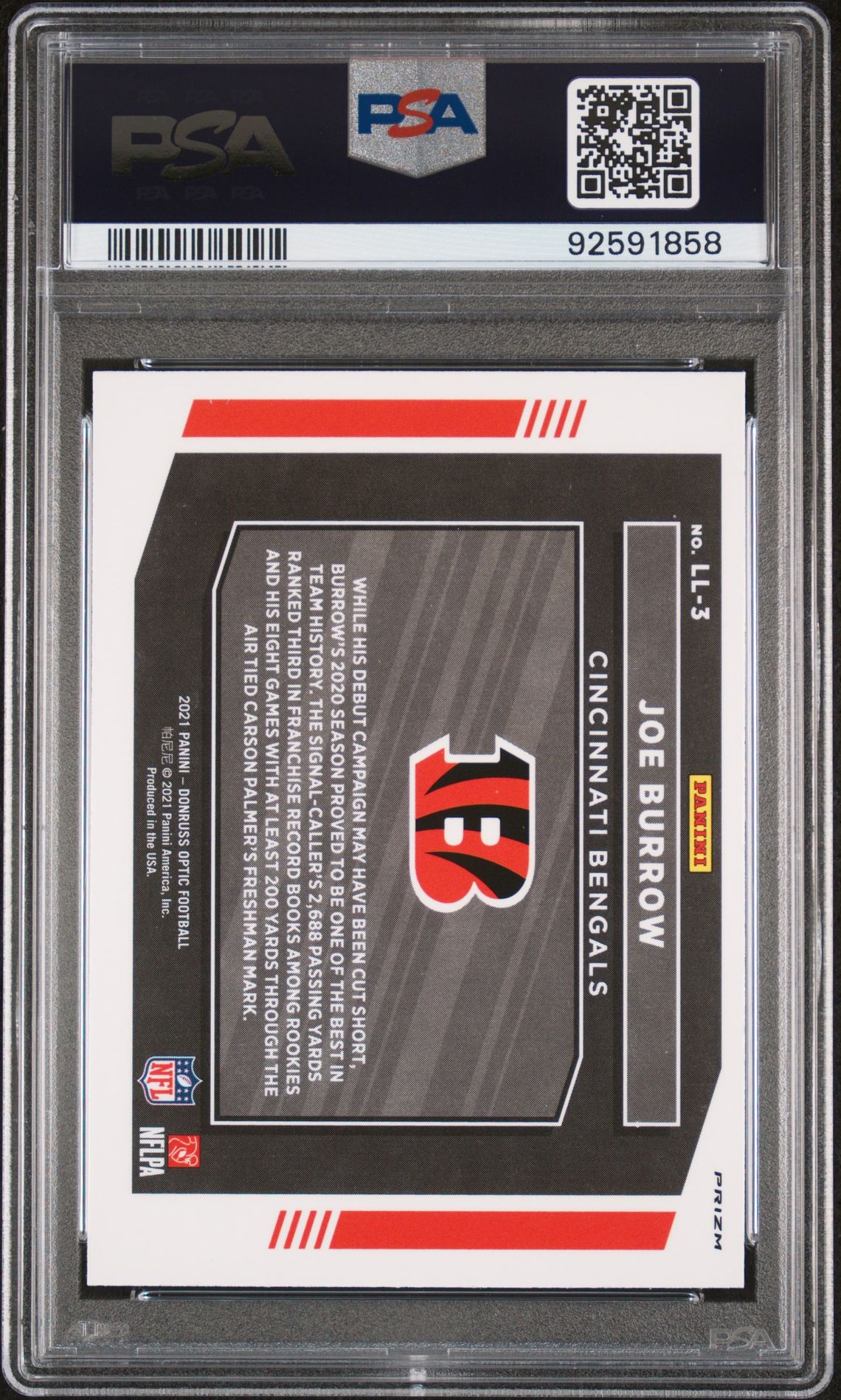 2021 Panini Donruss Optic Legendary Logos Joe Burrow #Ll3 (Legendary Logos) Gem Mt 10 back view - PSA certificate #92591858