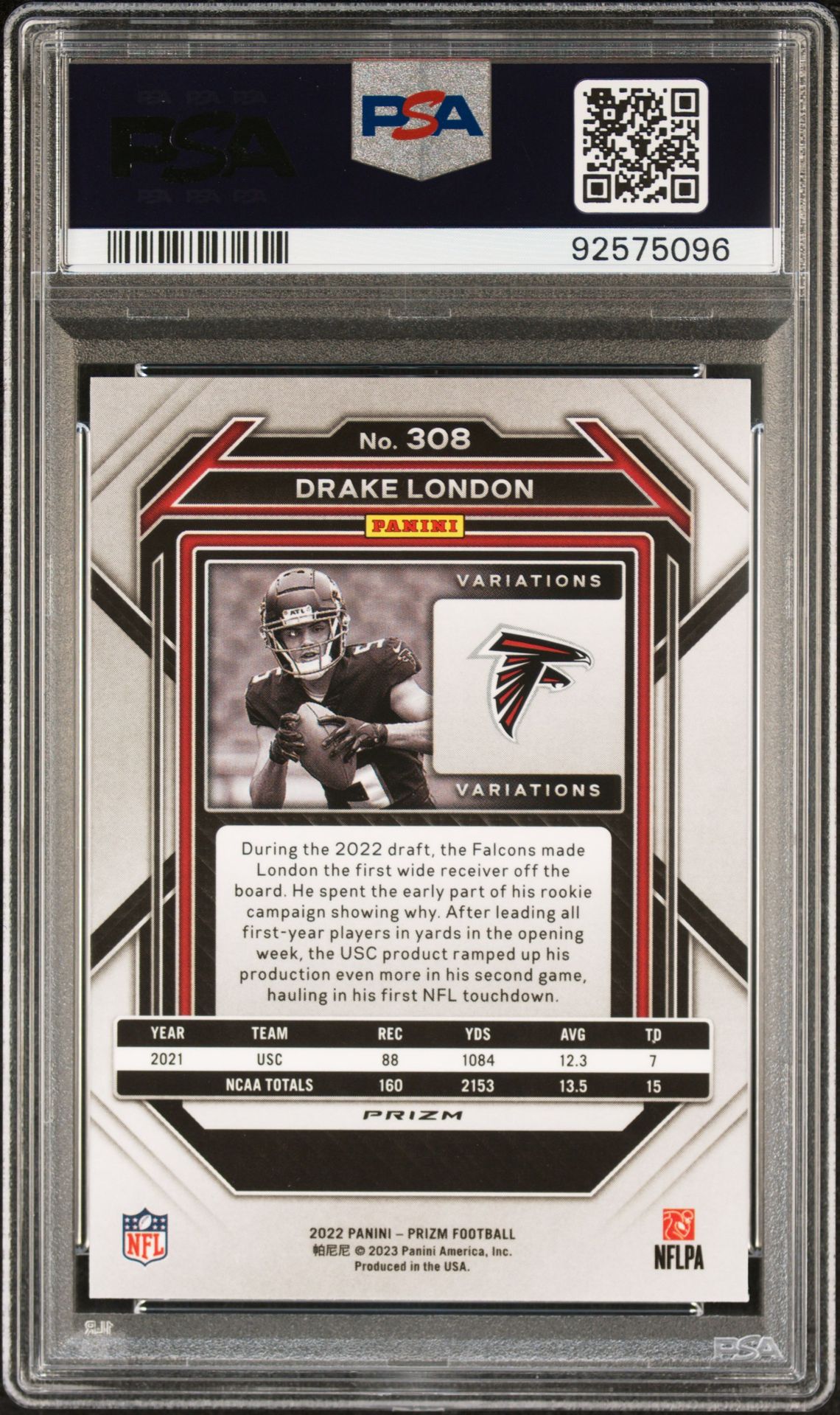 2022 Panini Prizm Drake London #308 (Variation-No Huddle) Gem Mt 10 back
