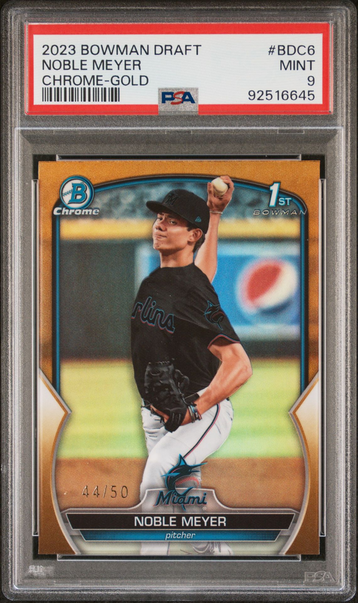 2023 Bowman Draft Noble Meyer #Bdc6 (Chrome-Gold Refractor) Mint 9 front