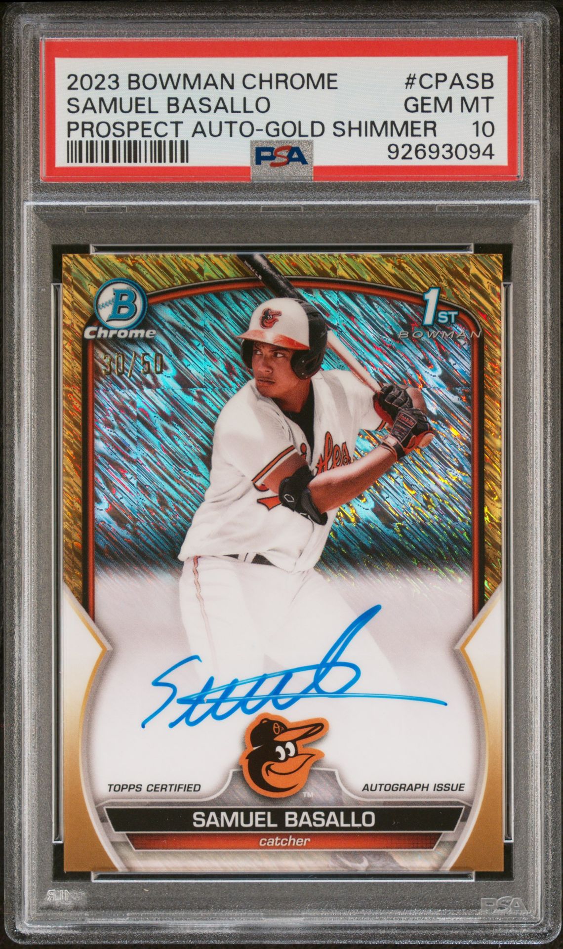 2023 Bowman BOWMAN CHROME PROSPECT AUTOGRAPHS CHR PROS AUTO-GOLD SHIMMER #CPASB Samuel Basallo front