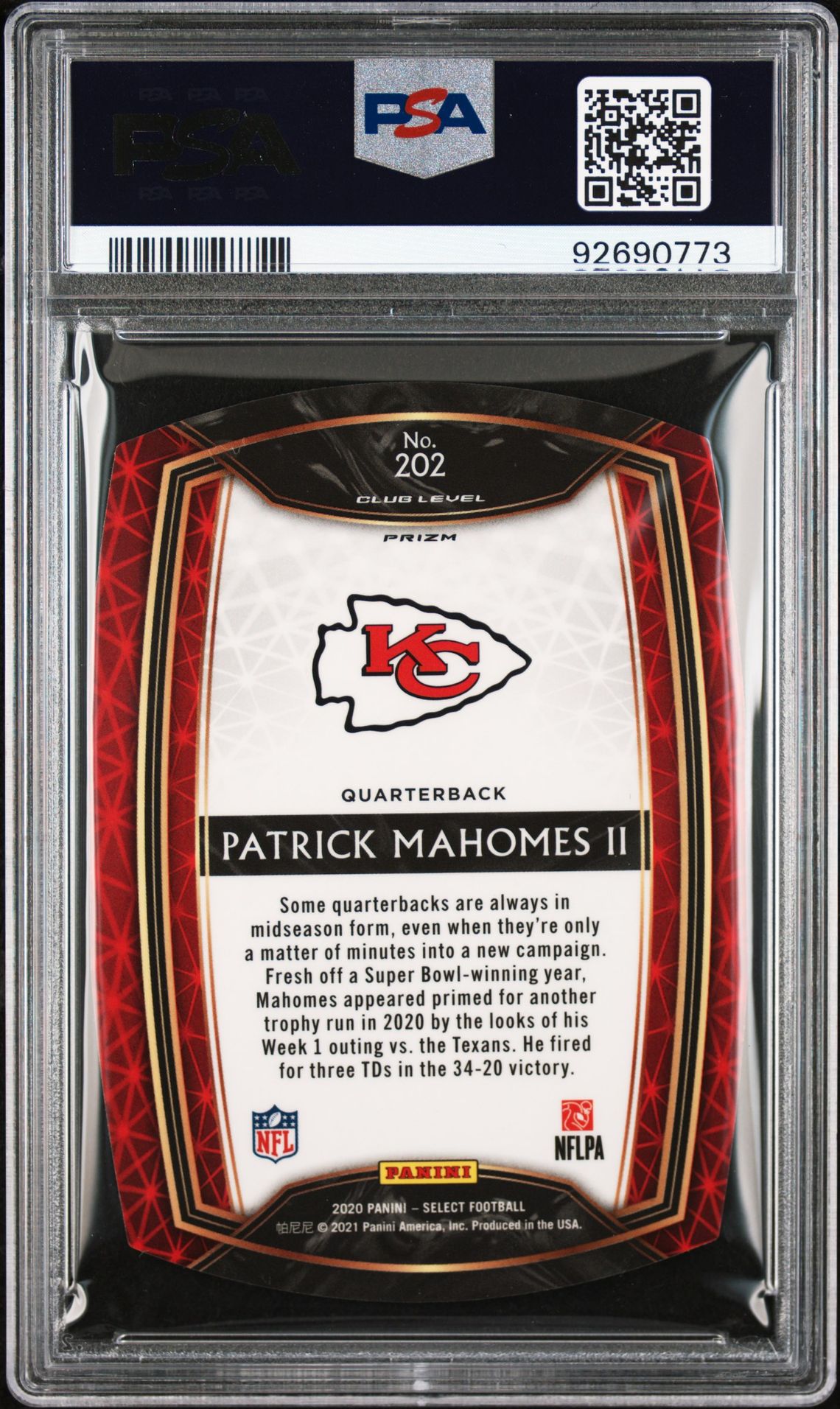 2020 Panini Select Patrick Mahomes Ii #202 (Die-Cut Purple Prizm) Mint 9 back