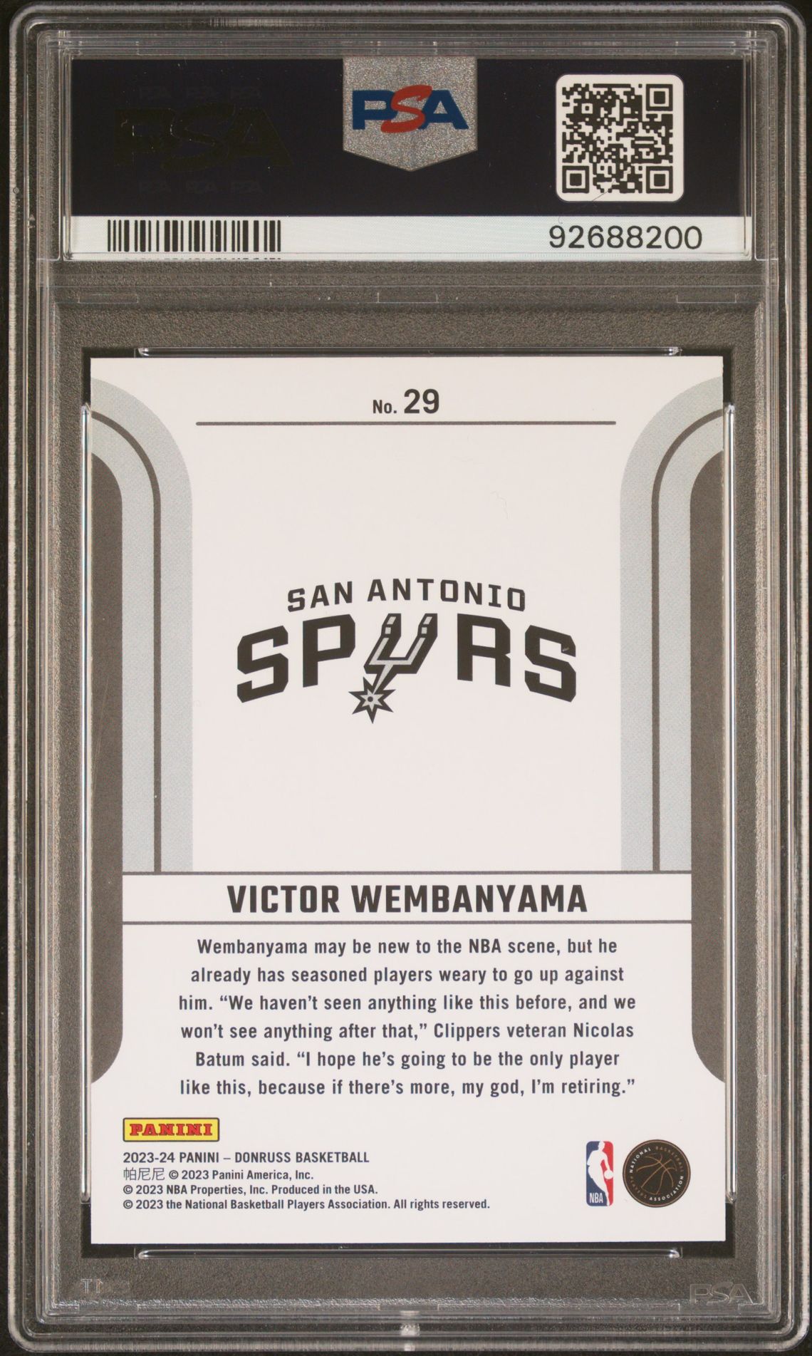 2023 Panini Donruss Franchise Features Victor Wembanyama #29 Gem Mt 10 back