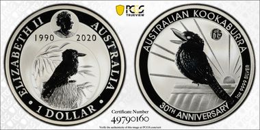 2020-P $1 Kookaburra Ag 30th Anniv. F15 Privy MS70