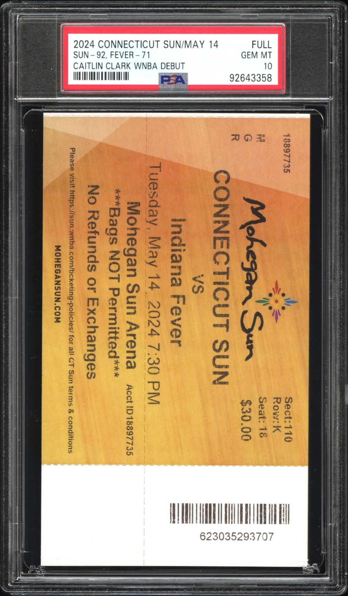 Caitlin Clark WNBA debut full ticket, 14 May 2024, PSA GEM MT 10, cert 92643358