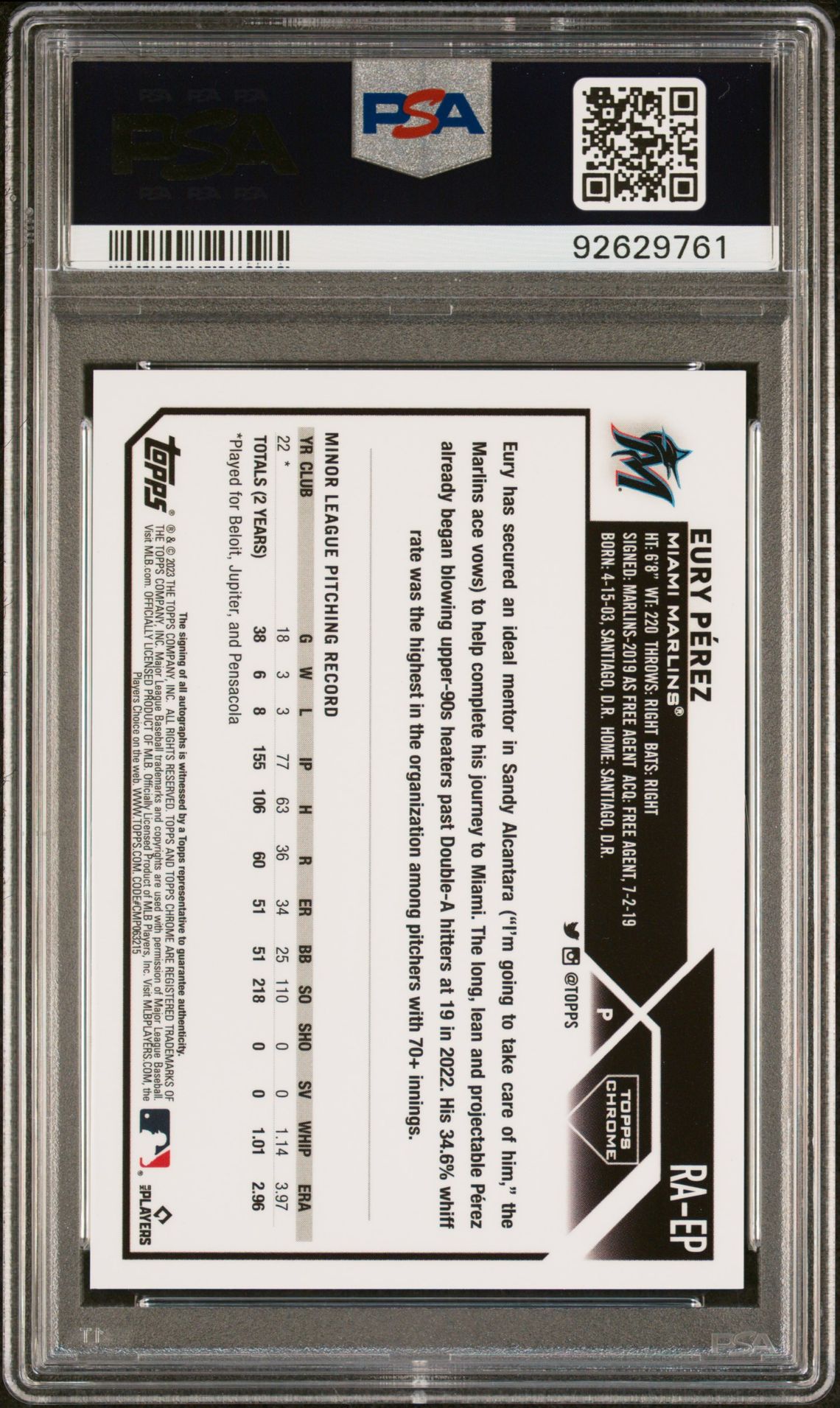 2023 Topps Chrome Update Autograph Eury Perez #Raep (Autograph-Blue Refractor) Mint 9 back