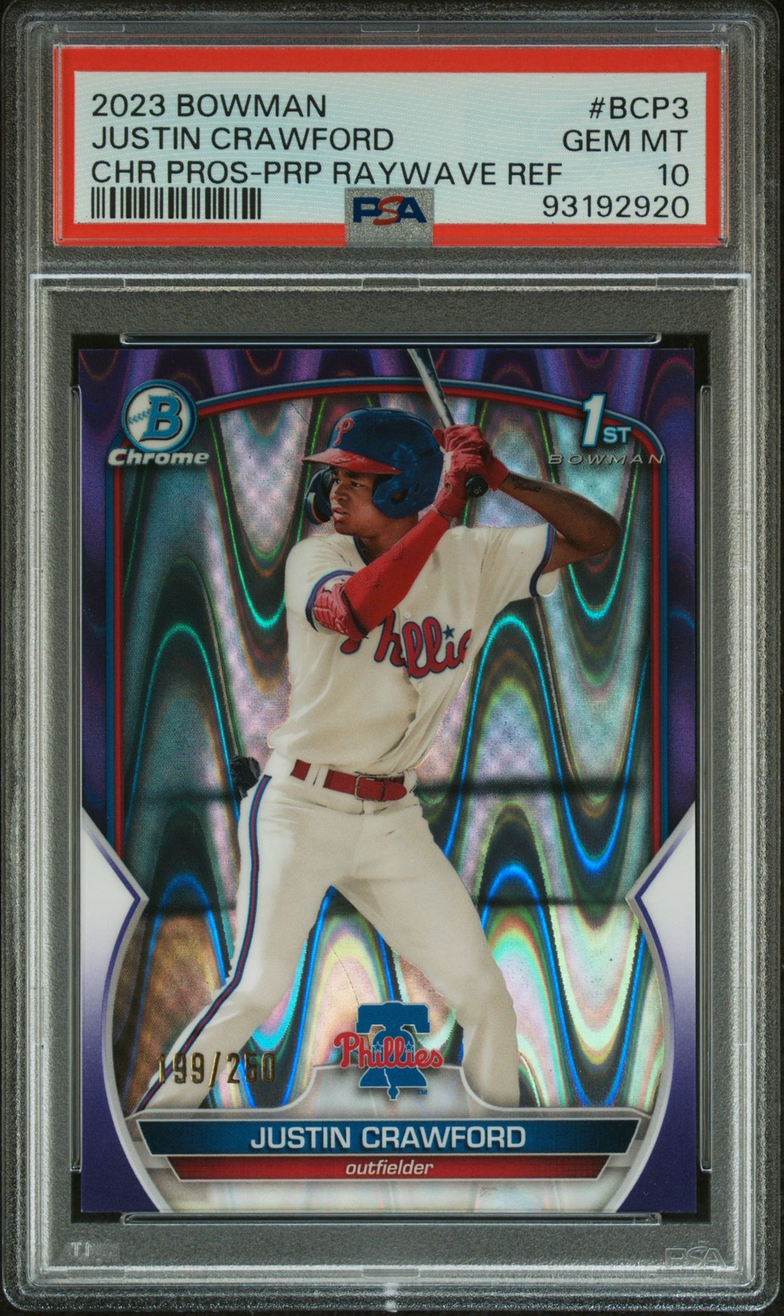 2023 Bowman BOWMAN CHROME PROSPECTS CHR PROS-PURPLE RAYWAVE #BCP3 Justin Crawford front