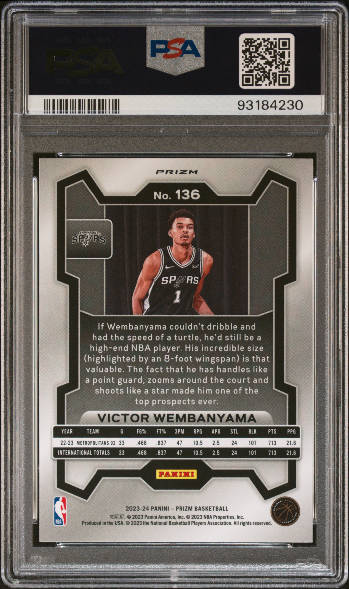 2023 Panini Prizm Victor Wembanyama #136 (Red Ice) Gem Mt 10 back