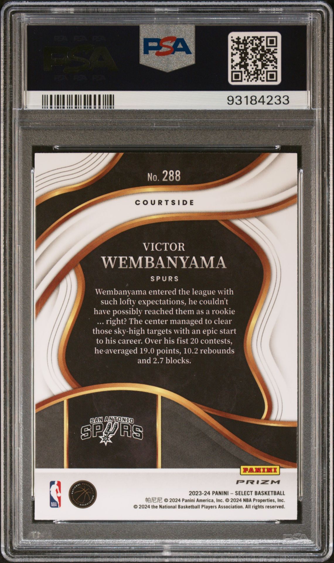 2023 Panini Select Victor Wembanyama #288 (Red Cracked Ice) Gem Mt 10 back