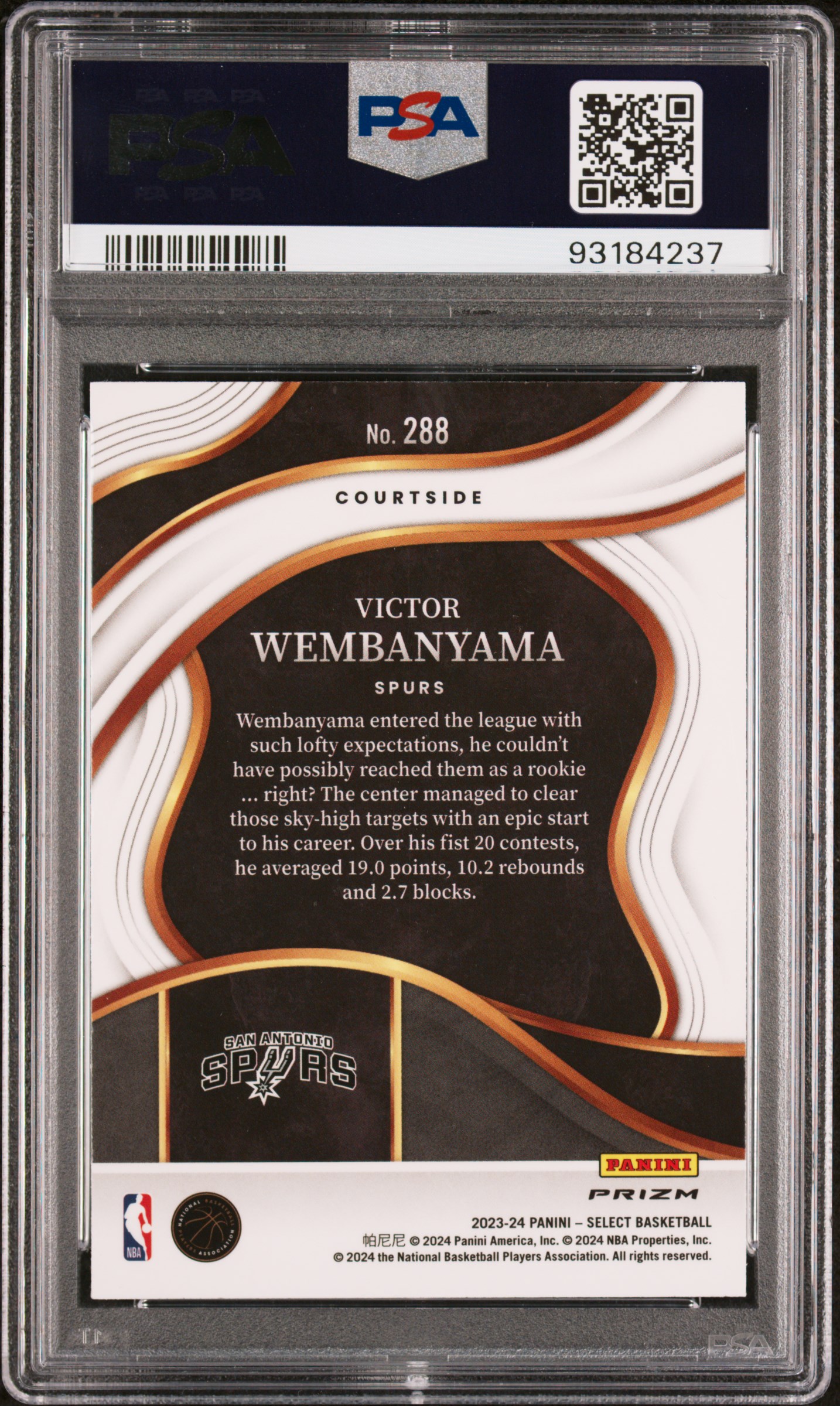 2023 Panini Select Victor Wembanyama #288 (Blue Cracked Ice) Gem Mt 10 back