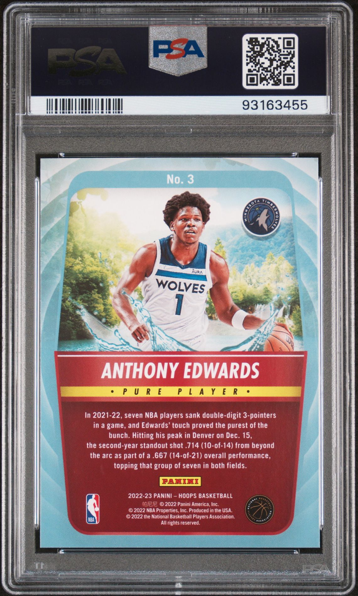 2022 Panini Nba Hoops Pure Players Anthony Edwards #3 (Pure Players) Gem Mt 10 back