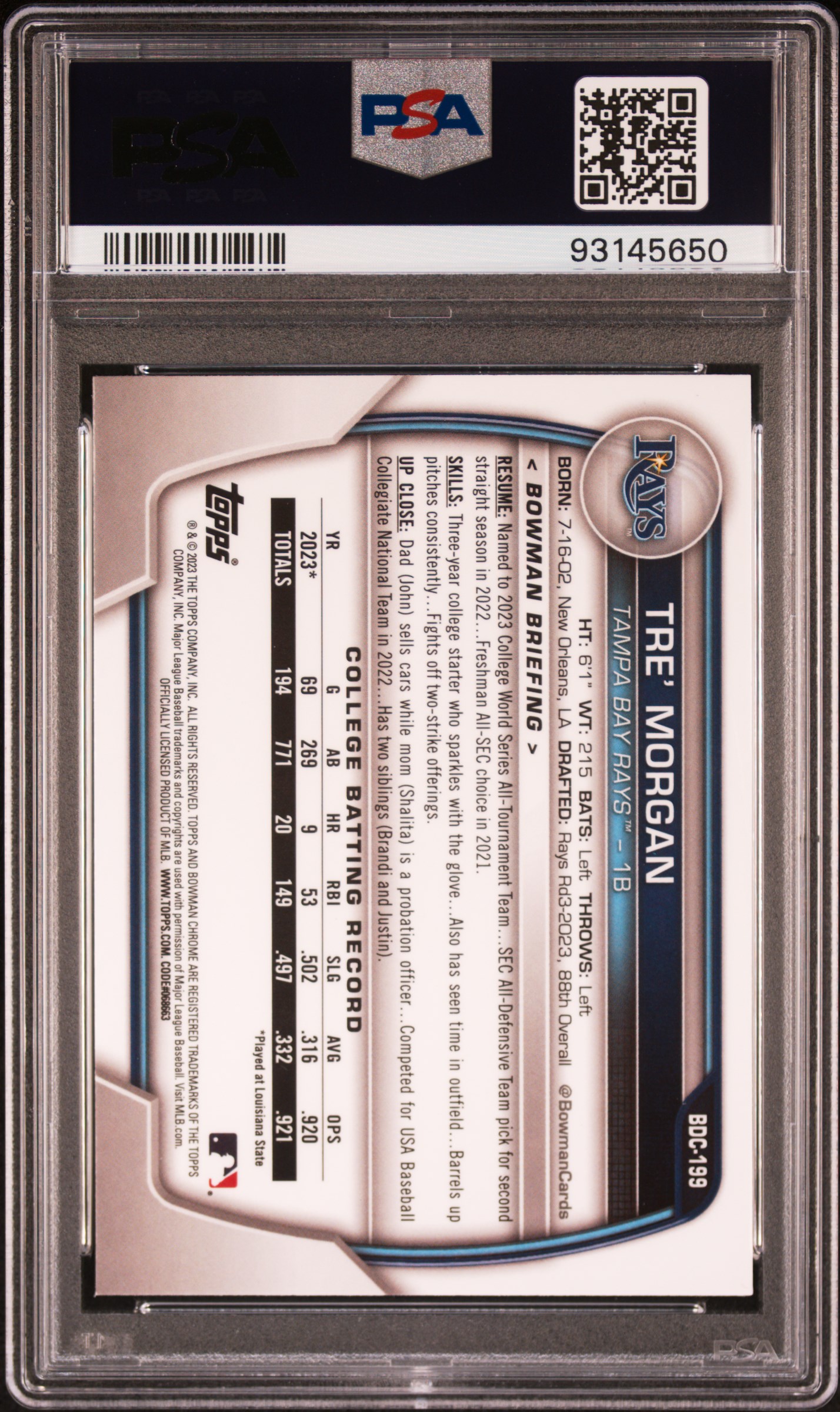 2023 Bowman Draft Tre' Morgan #Bdc199 (Chrome-Blue Refractor) Gem Mt 10 back