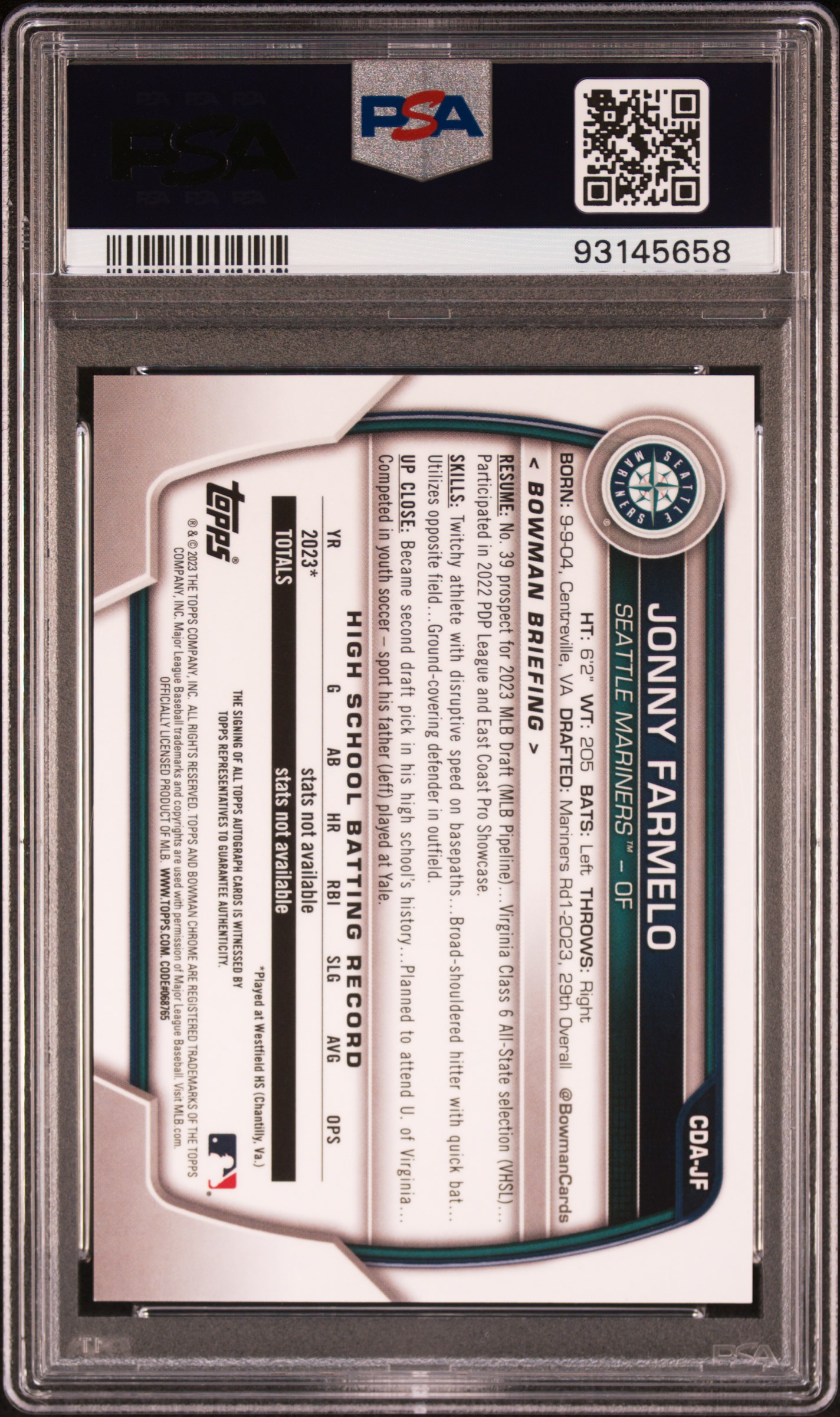 2023 Bowman Draft Chrome Prospect Autograph Jonny Farmelo #Cdajf Gem Mt 10 back