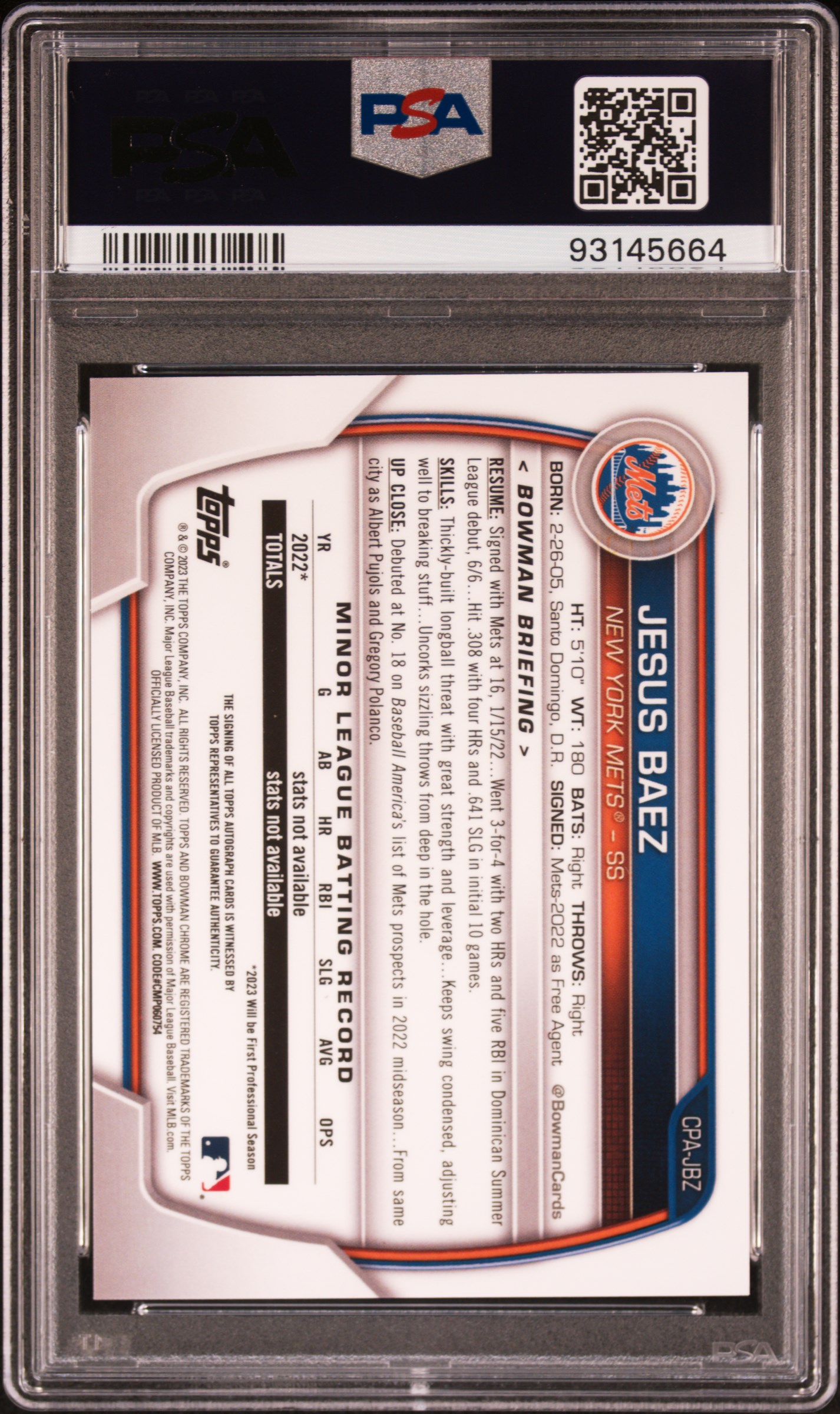 2023 Bowman Chrome Prospect Autographs Jesus Baez #Cpajbz (Chr Prospect Auto-Blue Ref) Gem Mt 10 back