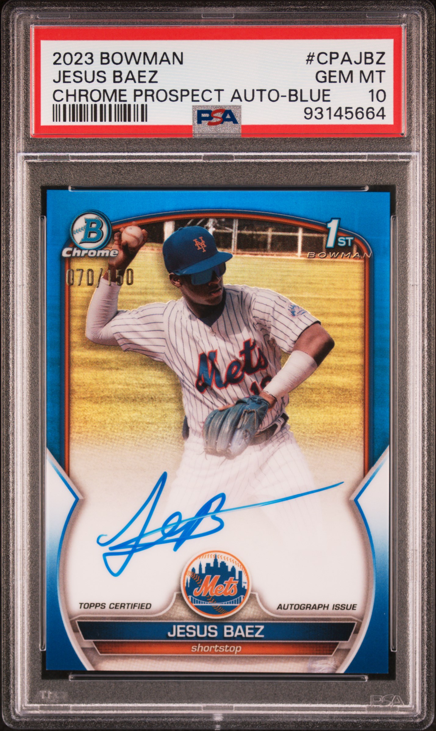 2023 Bowman Chrome Prospect Autographs Jesus Baez #Cpajbz (Chr Prospect Auto-Blue Ref) Gem Mt 10 front