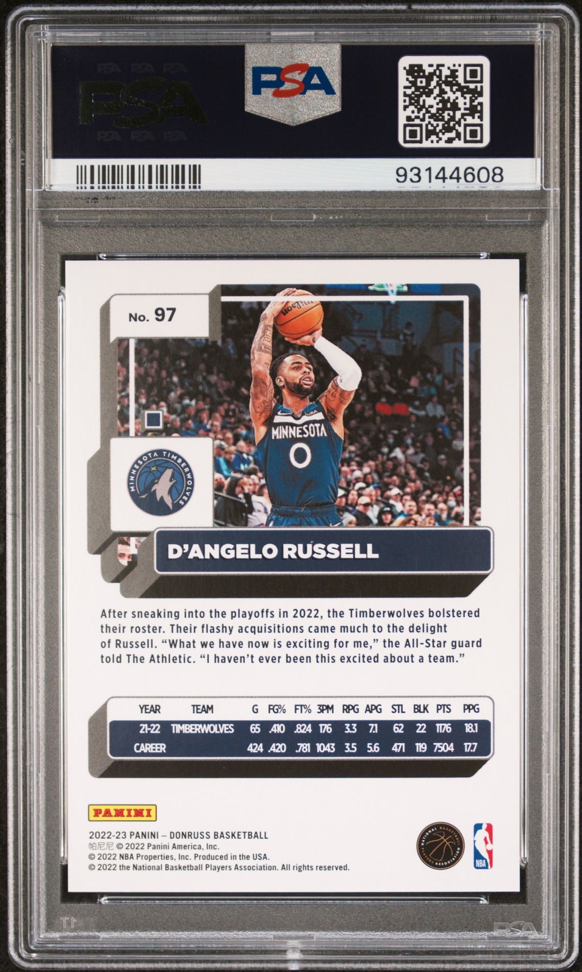 2022 Panini Donruss D'angelo Russell #97 (Yellow Holo Laser) Mint 9 back