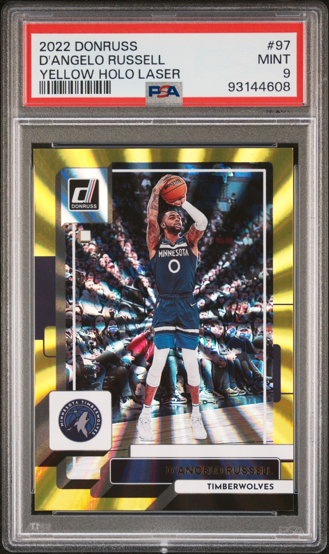 2022 Panini Donruss D'angelo Russell #97 (Yellow Holo Laser) Mint 9 front