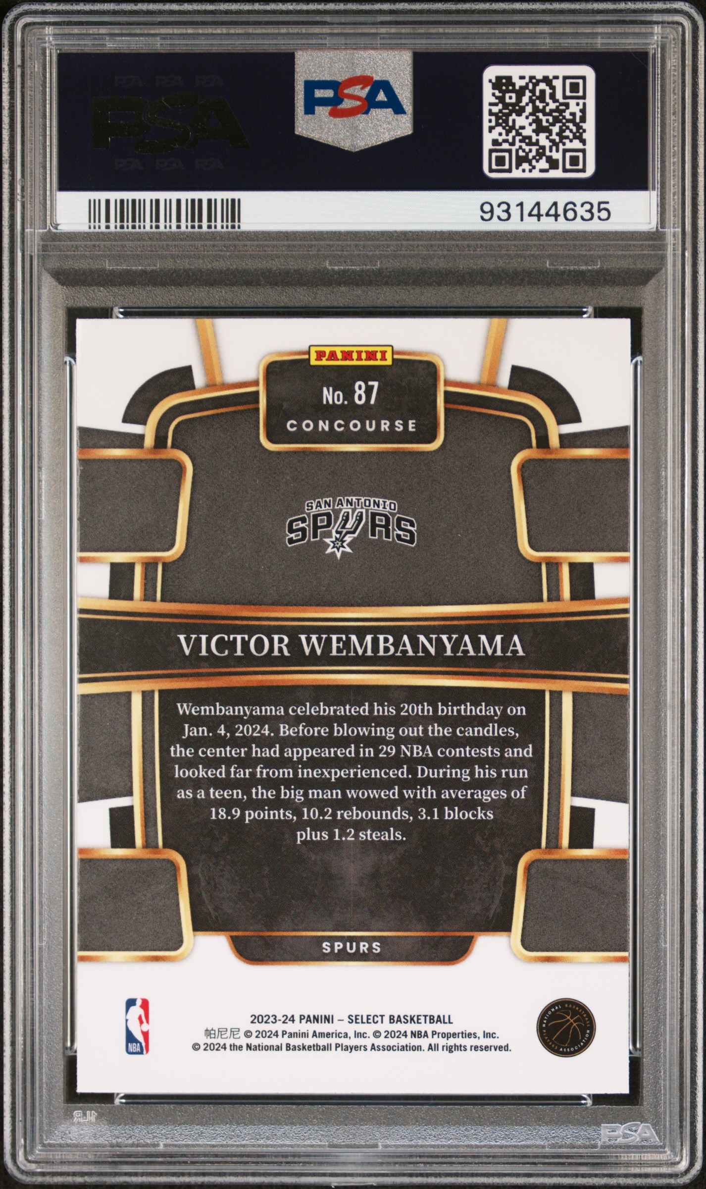 2023 Panini Select Victor Wembanyama #87 (Blue) Gem Mt 10 back