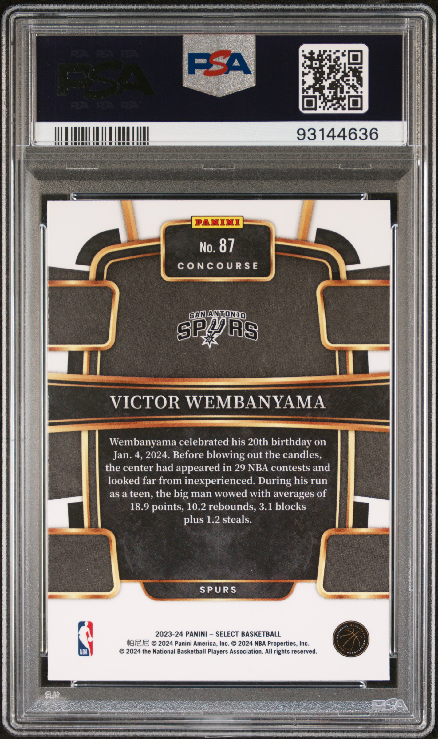 2023 Panini Select Victor Wembanyama #87 (Blue) Gem Mt 10 back