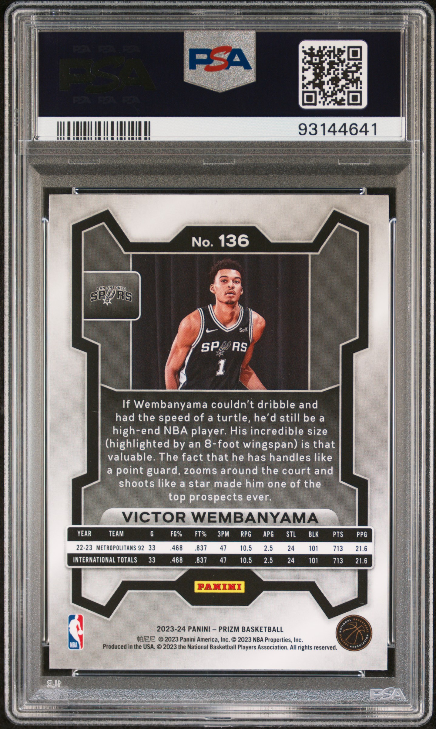 2023 Panini Prizm Victor Wembanyama #136 Gem Mt 10 back