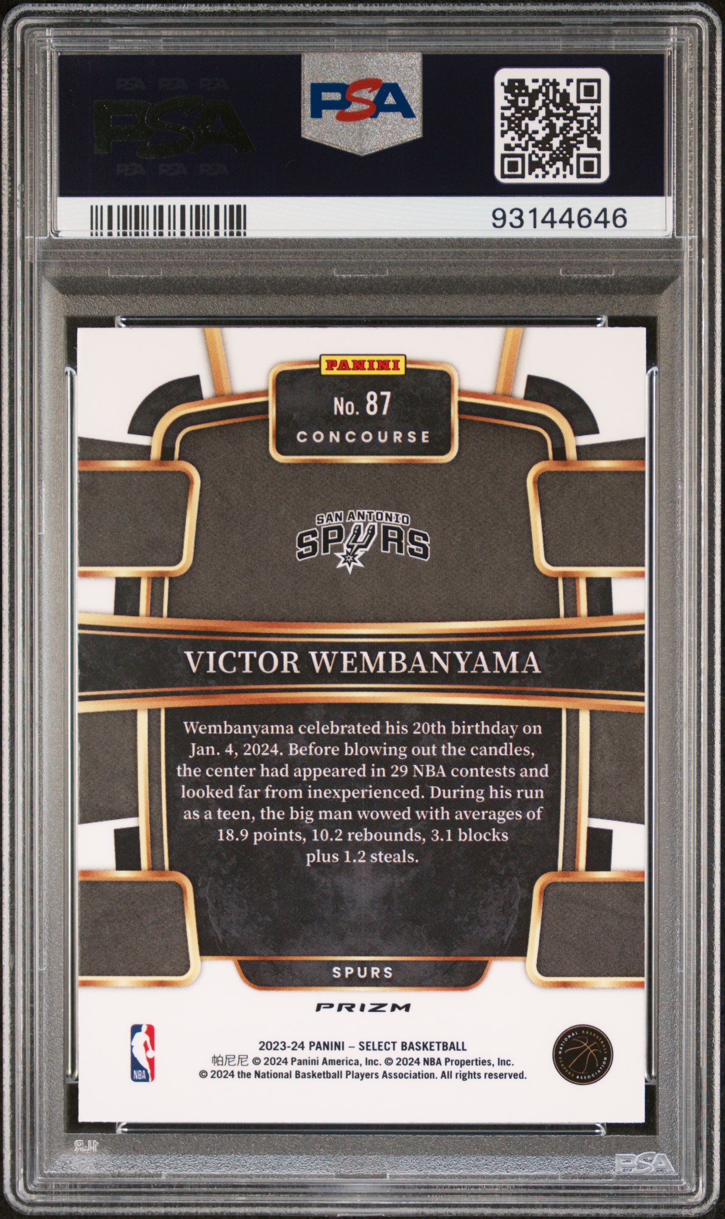 2023 Panini Select Victor Wembanyama #87 (Red Cracked Ice) Gem Mt 10 back