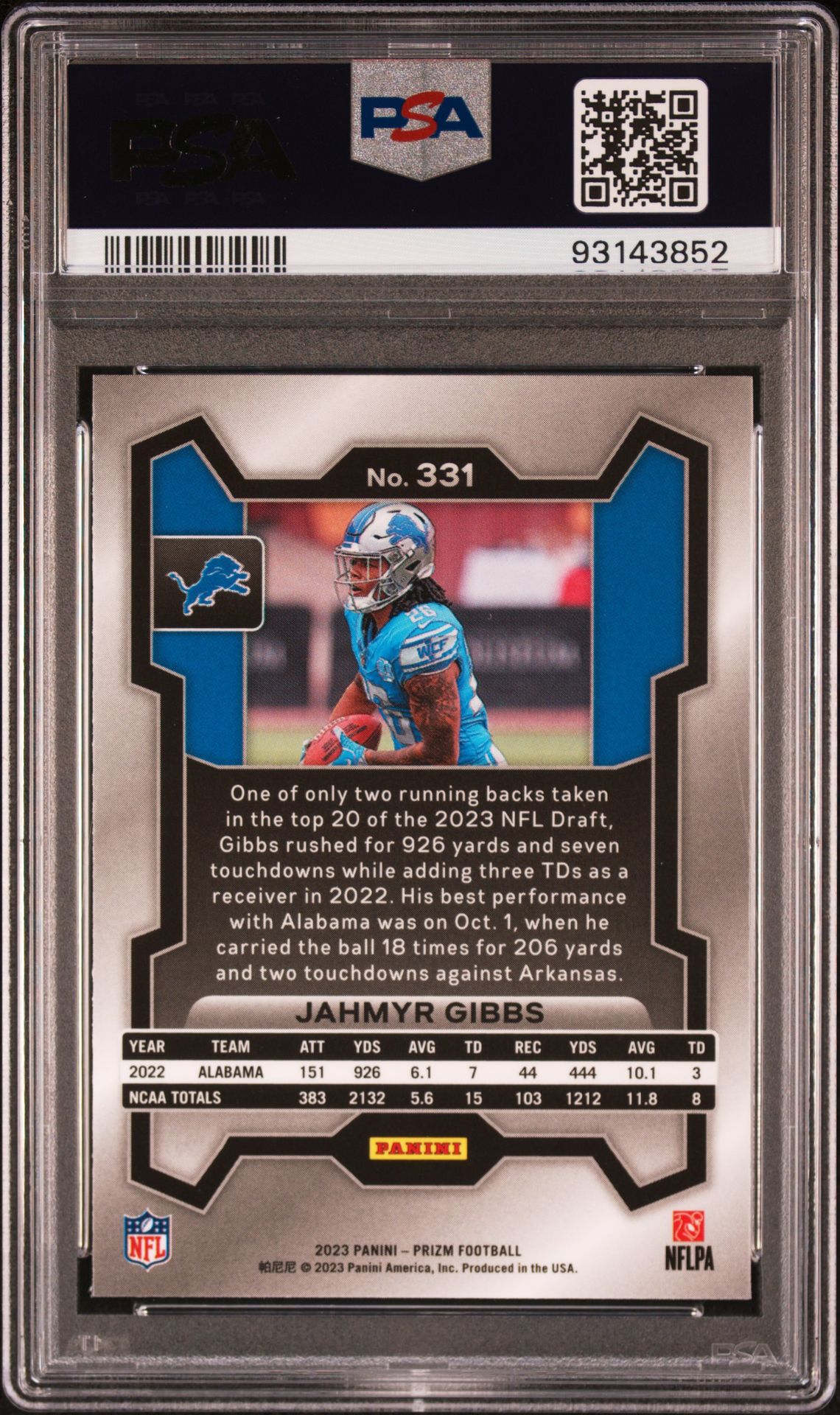 2023 Panini Prizm Jahmyr Gibbs #331 Gem Mt 10 back