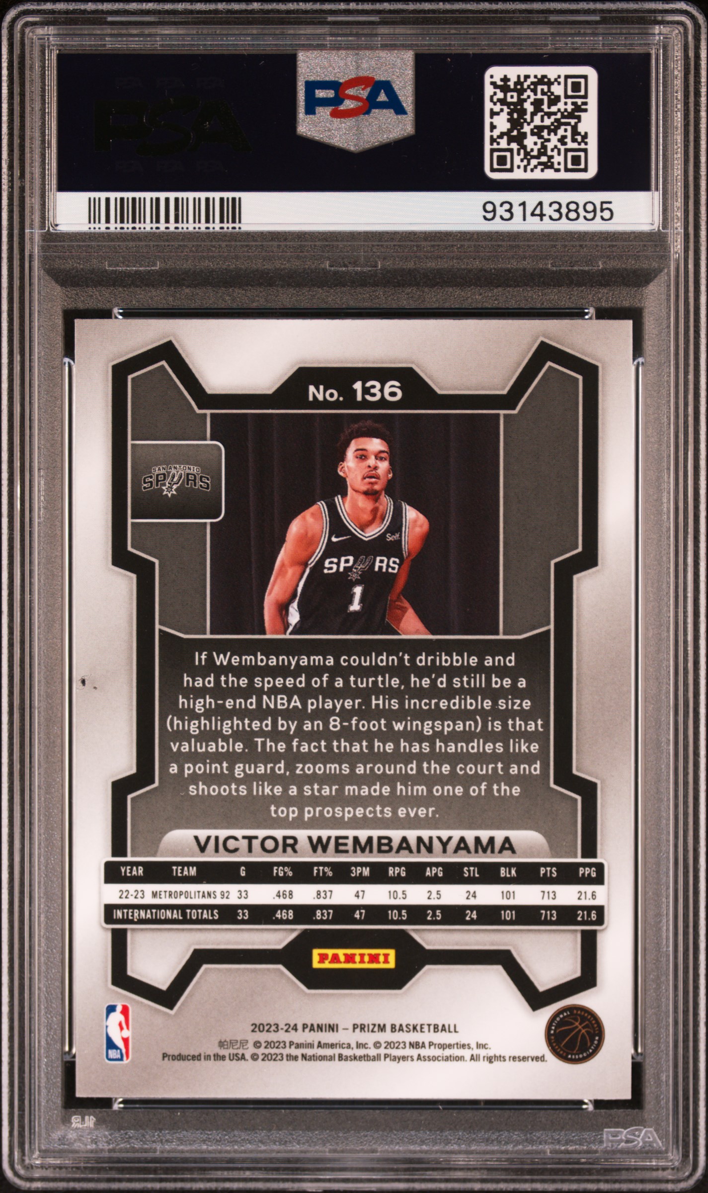 2023 Panini Prizm Victor Wembanyama #136 Gem Mt 10 back