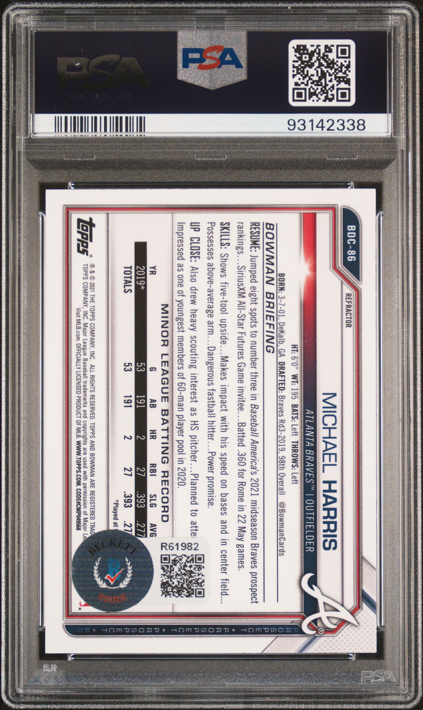 2021 Bowman Draft Michael Harris #Bdc86 (Chrome-Refractor) back