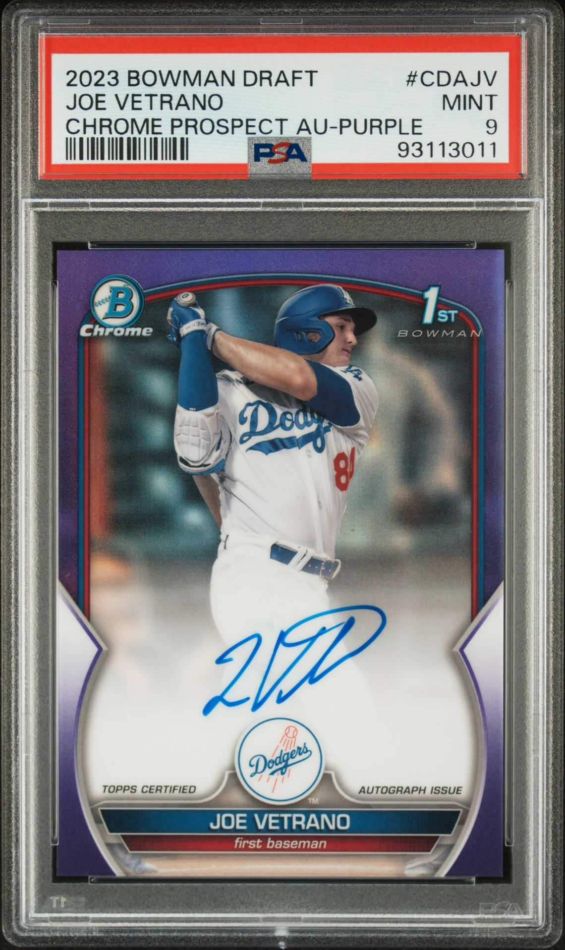 2023 Bowman BOWMAN DRAFT CHROME PROSPECT AUTOGRAPH Purple Refractor #CDAJV Joe Vetrano front